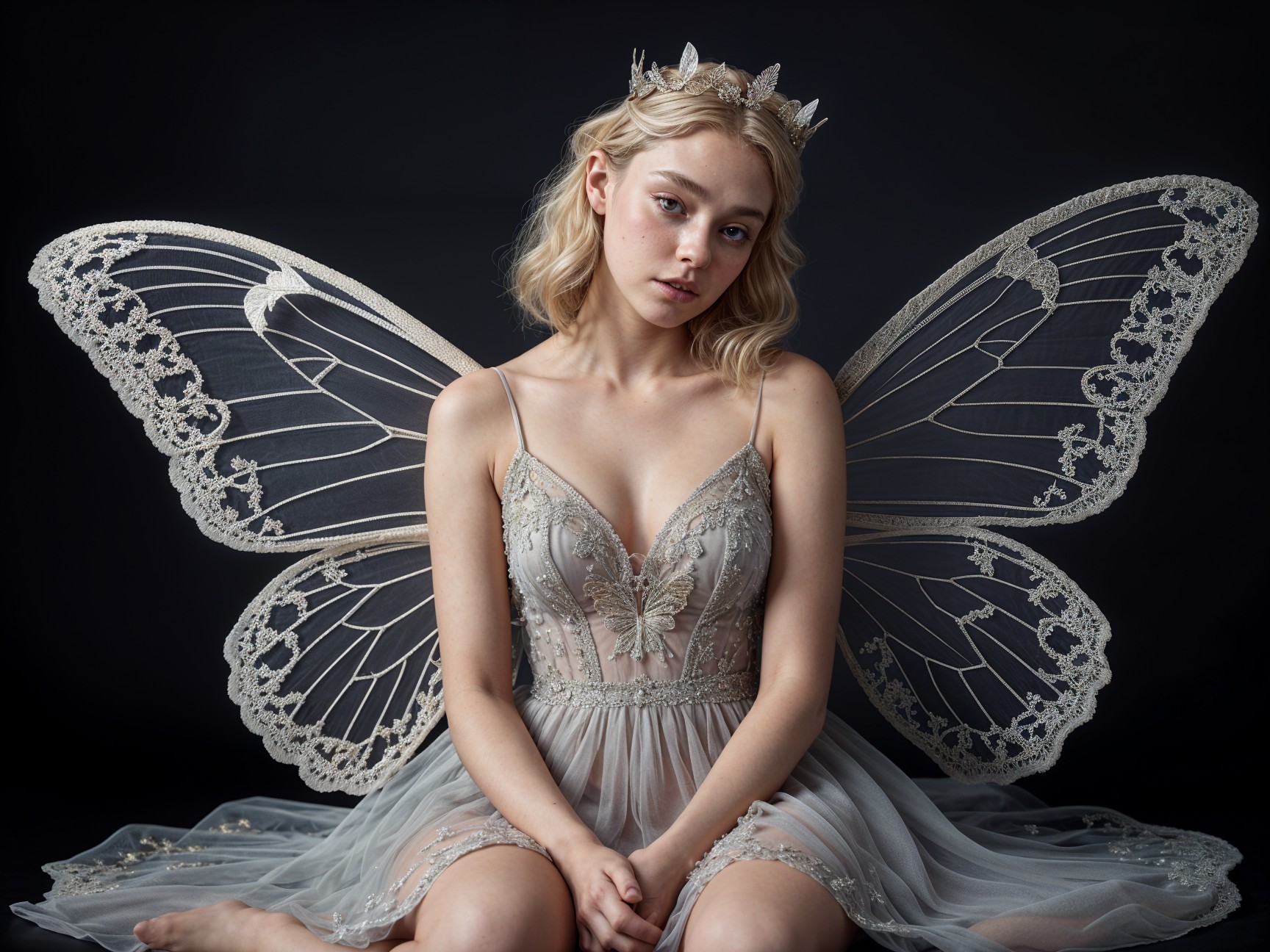 Serene figure in lace gown with butterfly wings