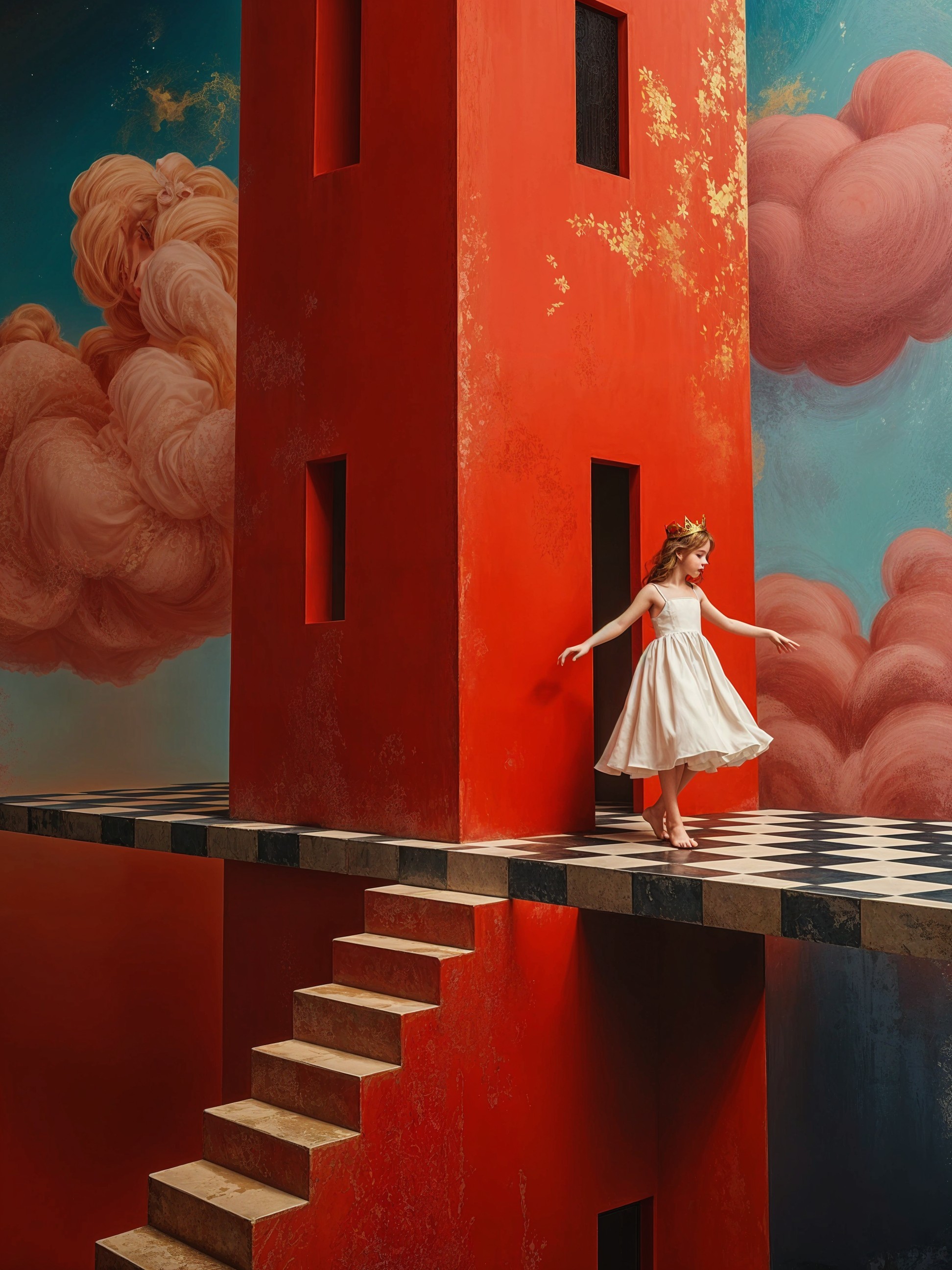 Young girl twirls on surreal structure with vibrant tower