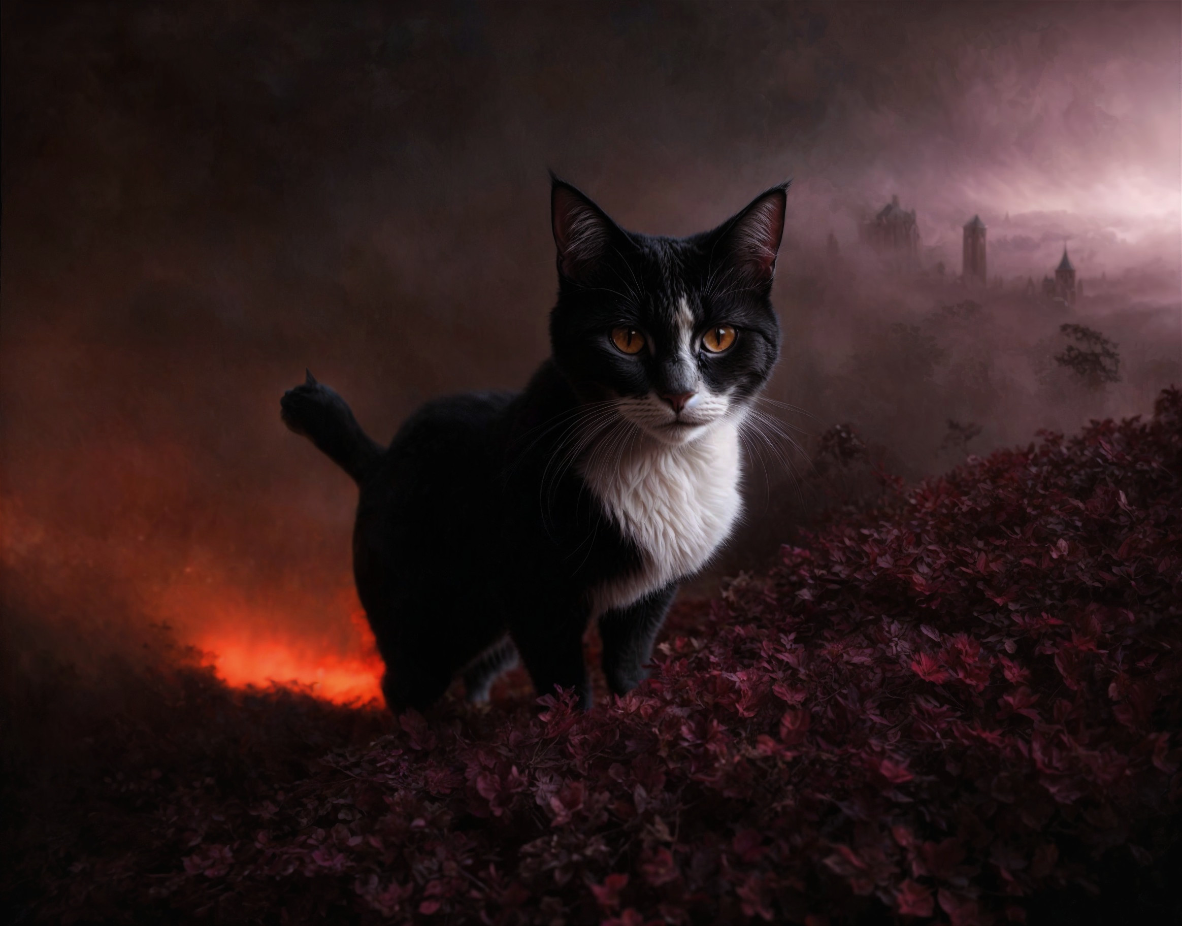 Black and White Cat on Crimson Landscape with Castles