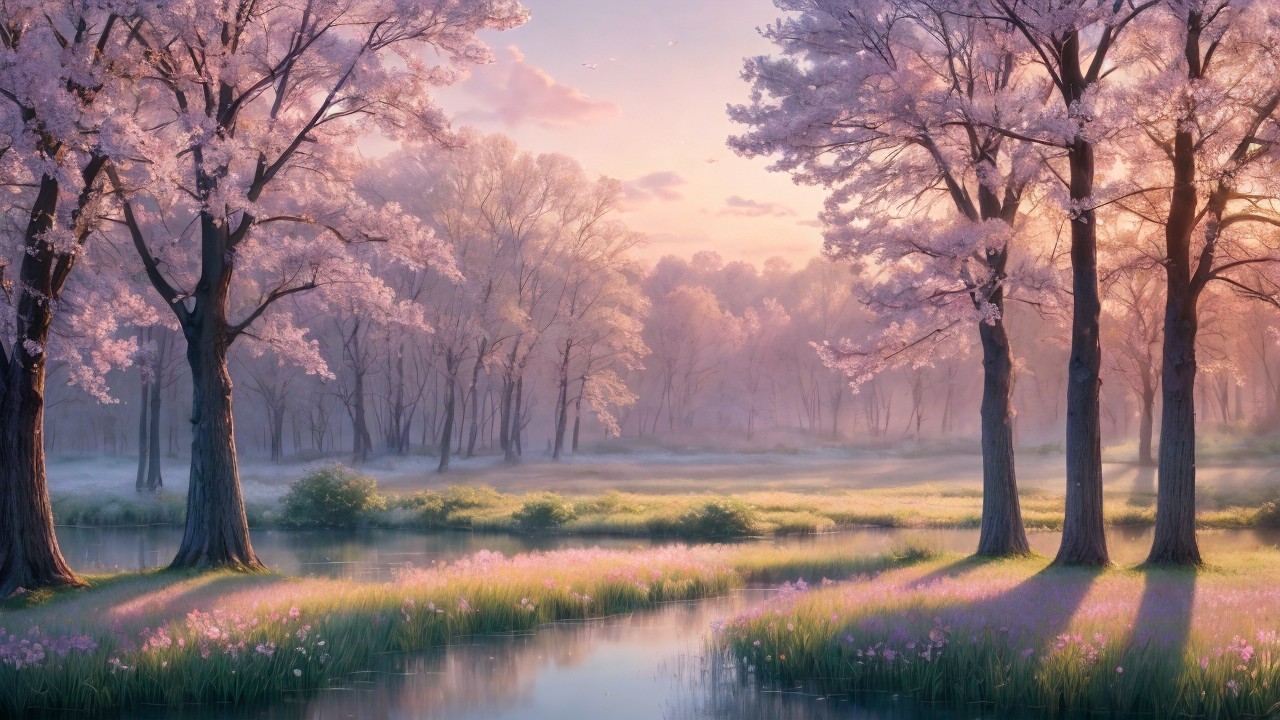 Serene Dawn Landscape with Trees and Tranquil River