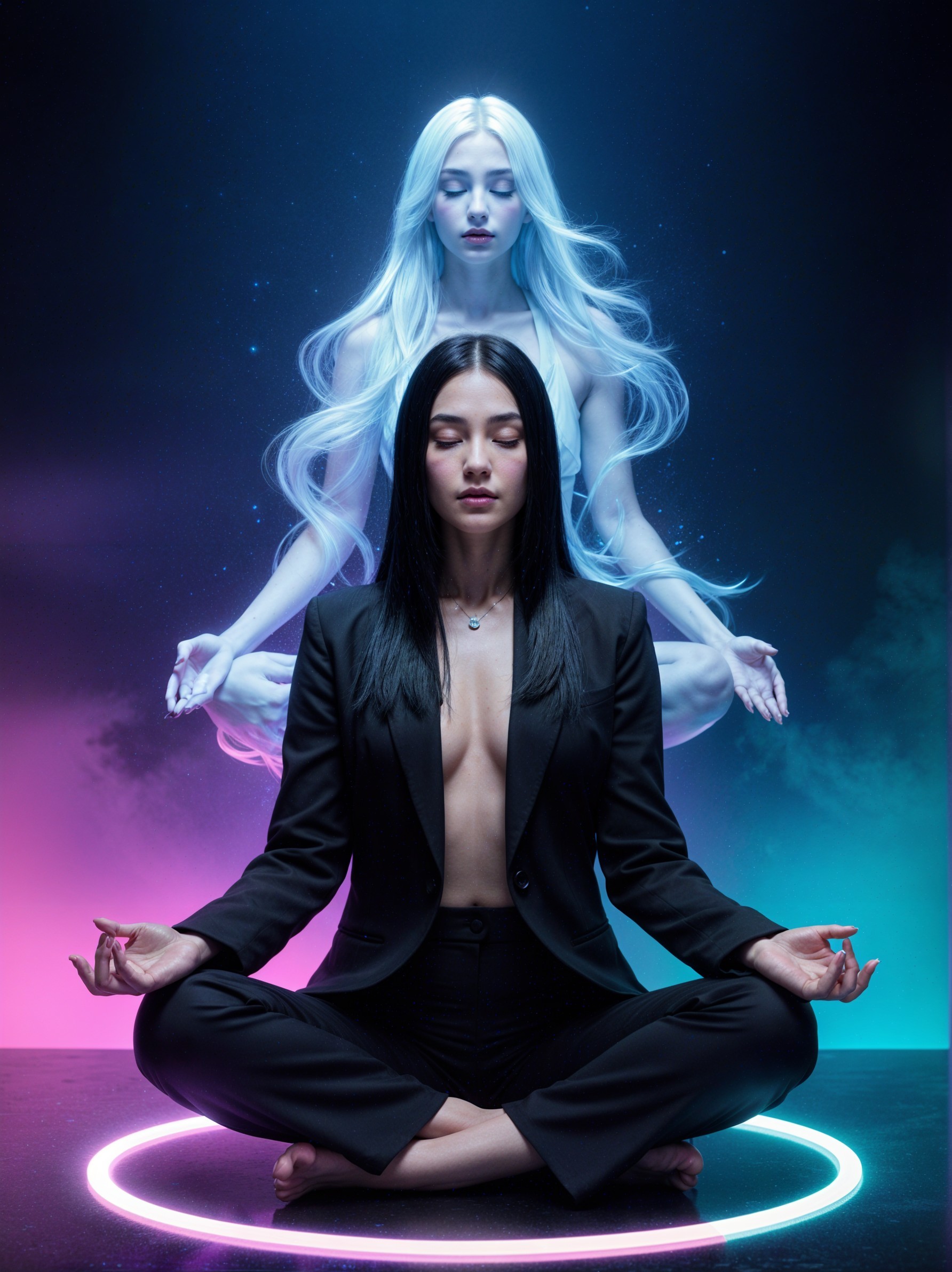 Woman in Black Suit Meditates with Ethereal Figure