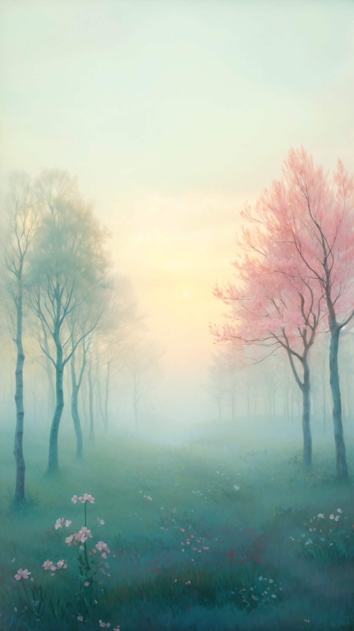 Serene Landscape with Cherry Blossoms and Mist