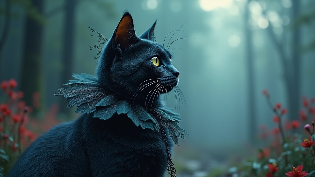 Black Cat in Misty Forest with Yellow Eyes and Flowers