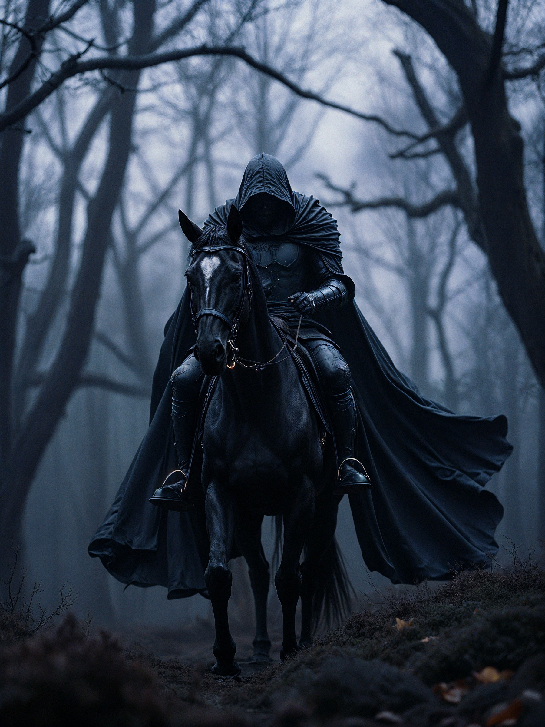 Mysterious Figure in Dark Armor in Foggy Forest
