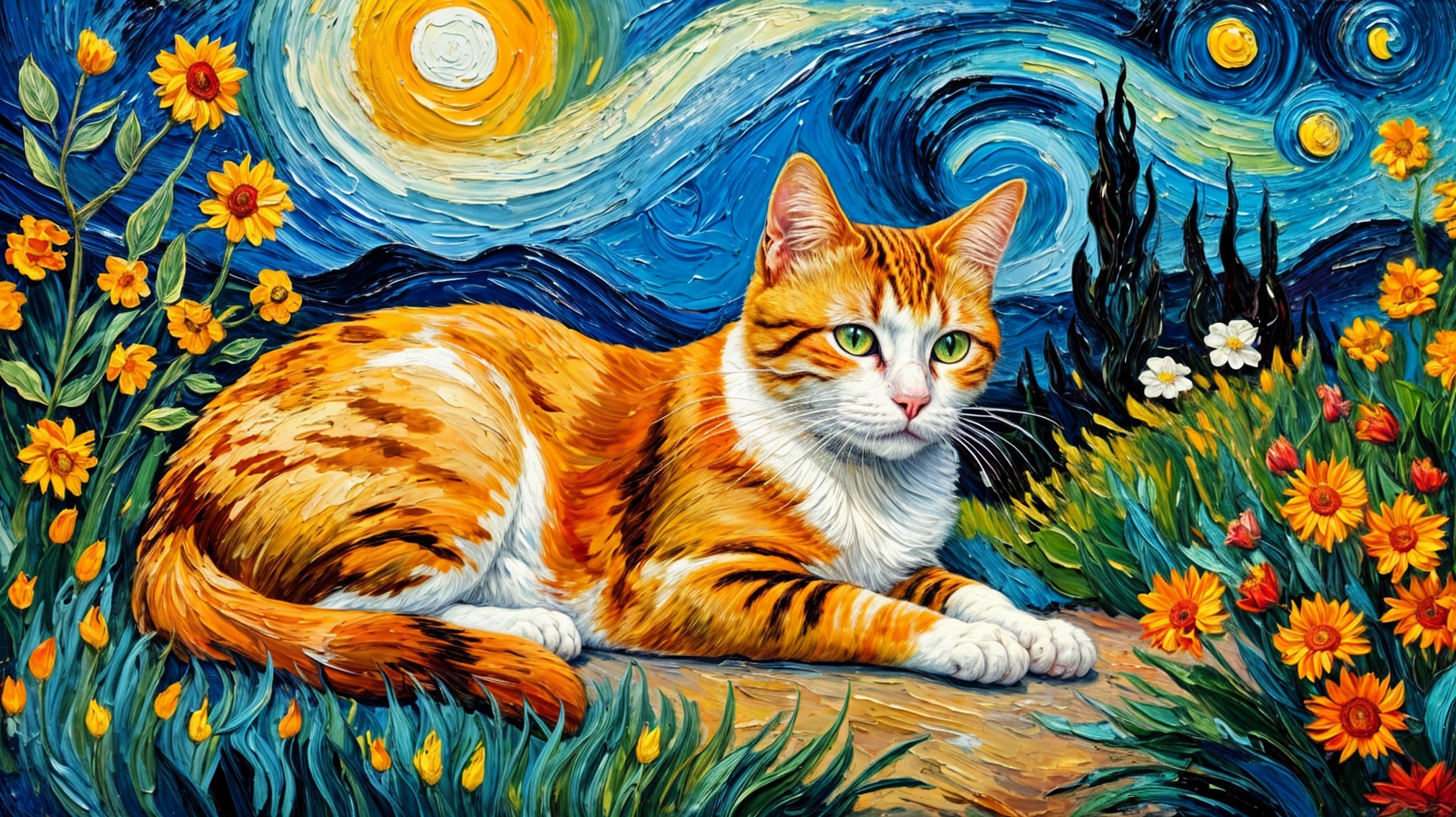 Whimsical Cat Under a Starry Sky