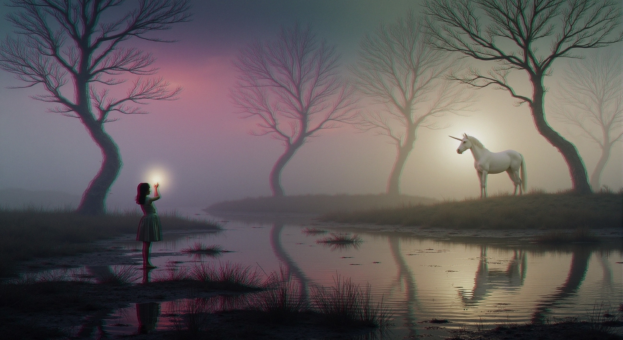 Mystical Landscape with Girl, River, and Unicorn