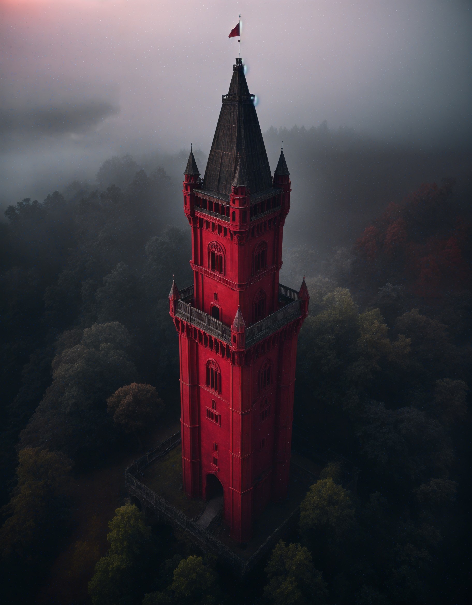 Gothic Red Tower in Foggy Forest Setting