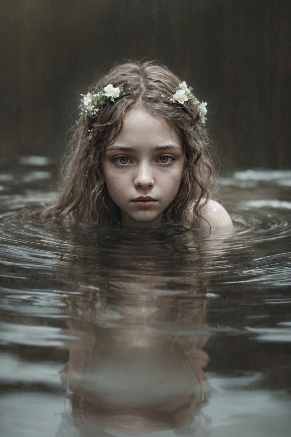 Young girl in dark water with flower crown and serenity