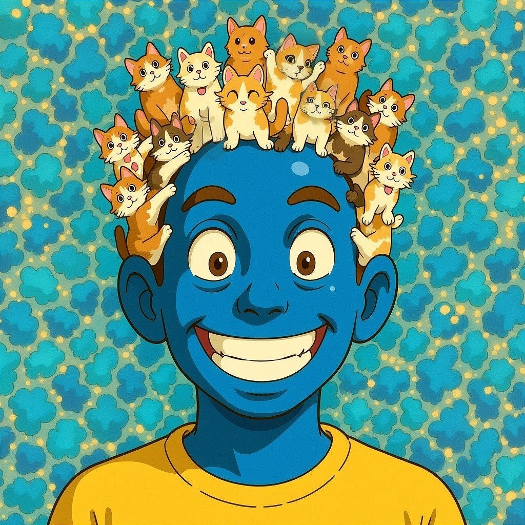 Cartoon Character with Cats in Whimsical Hairstyle