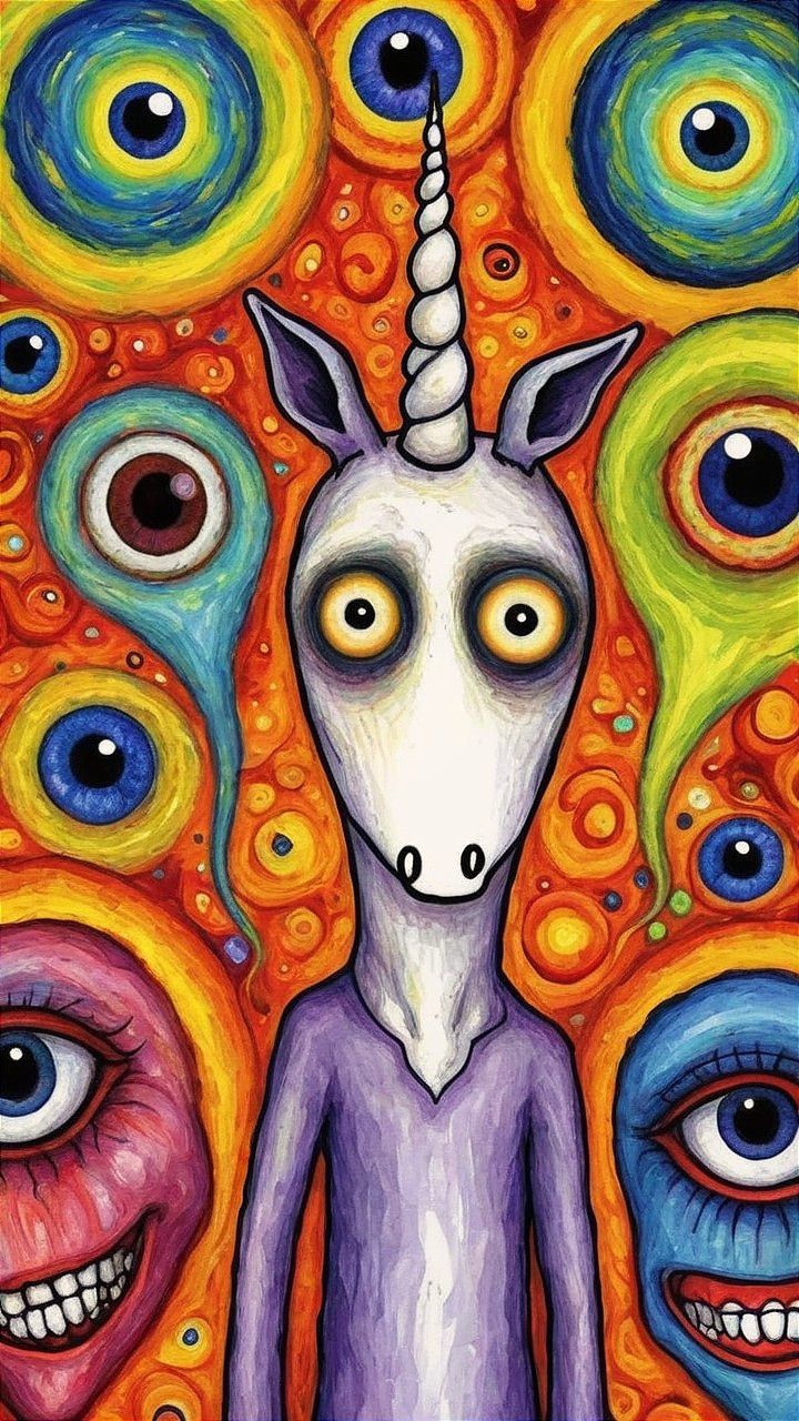Whimsical Cartoon Character with Unicorn Horn and Colors