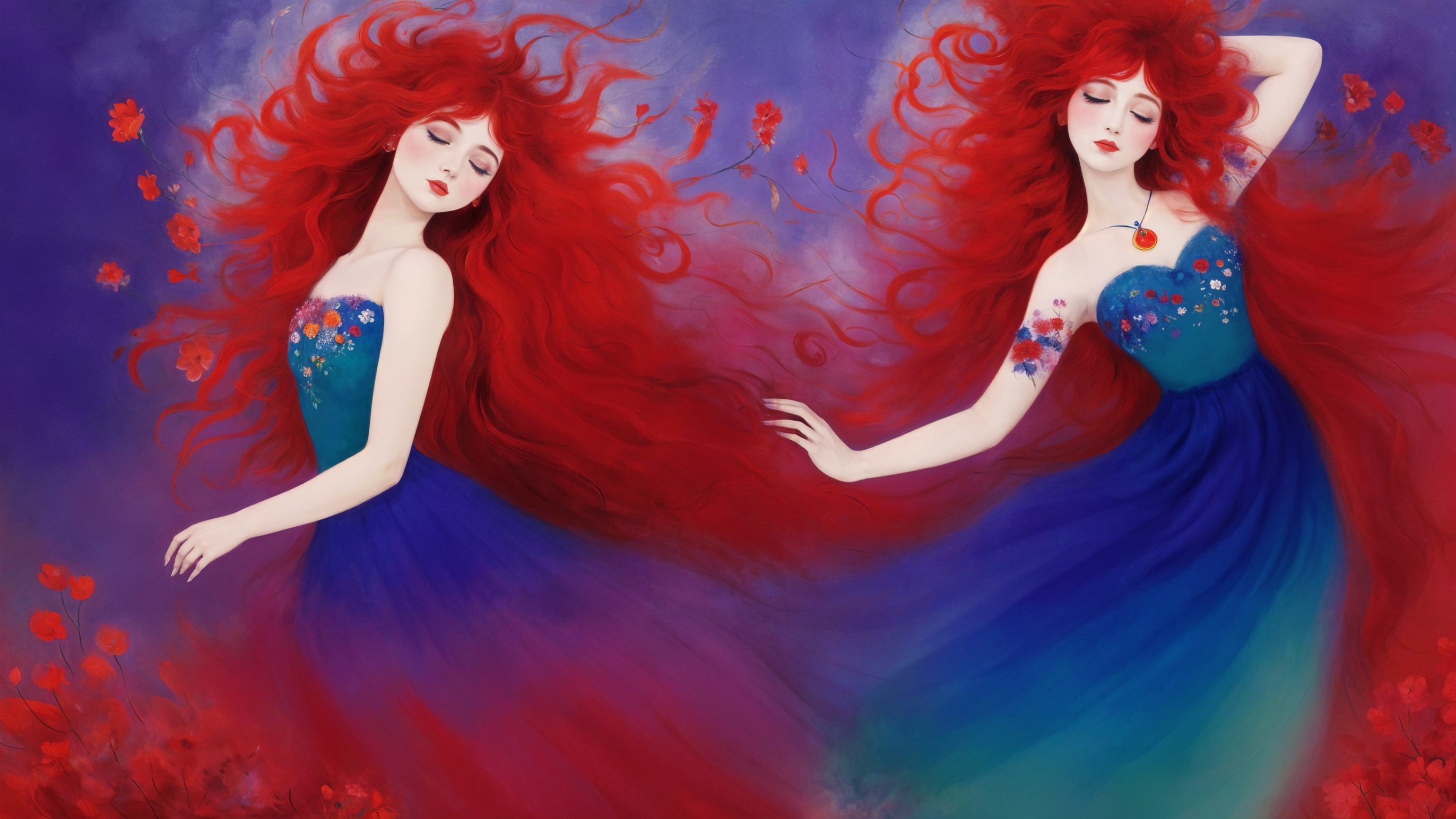 Ethereal Figures in Flowing Gowns Against Purple Background