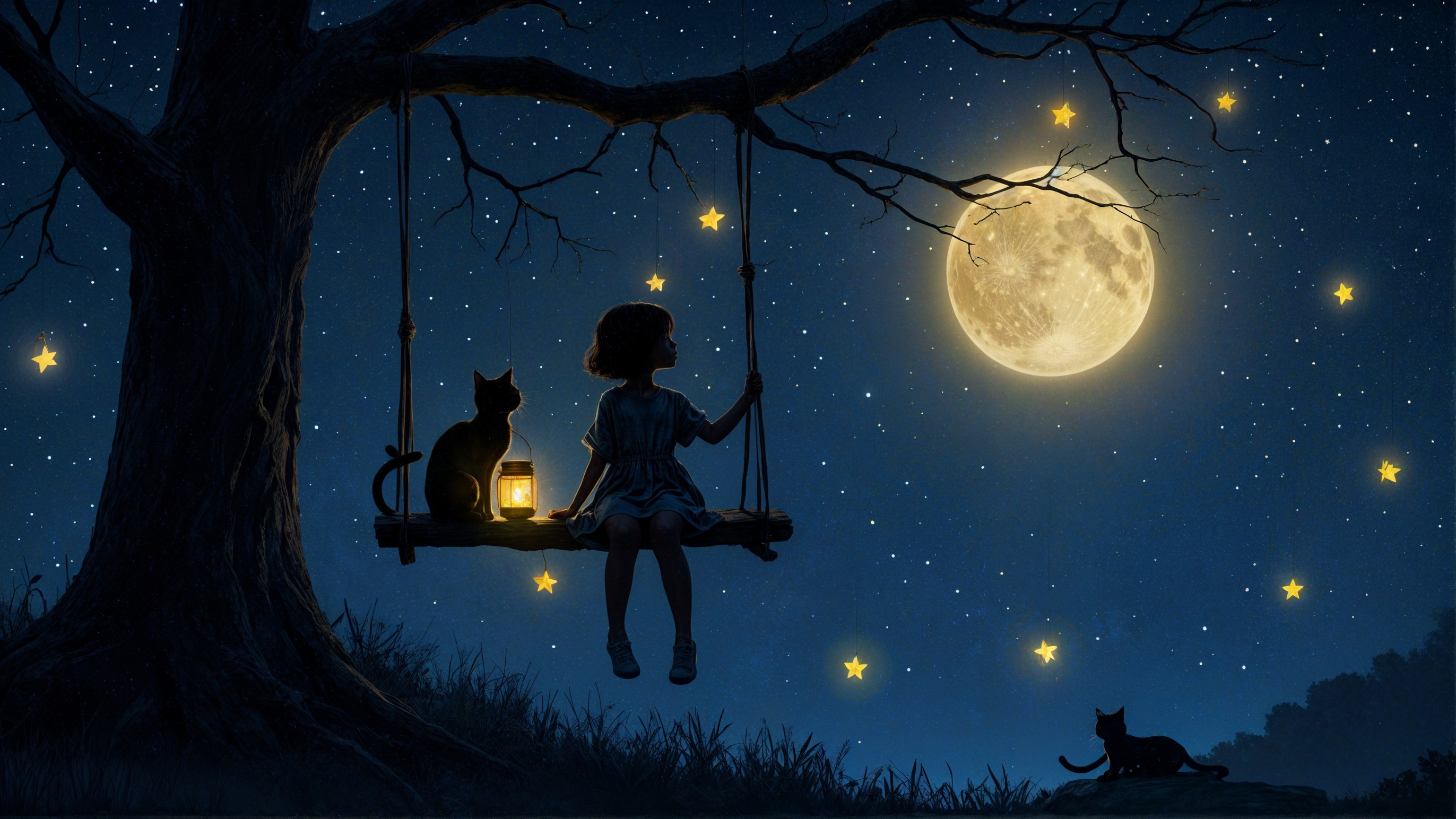 Young girl on swingset under starry night sky