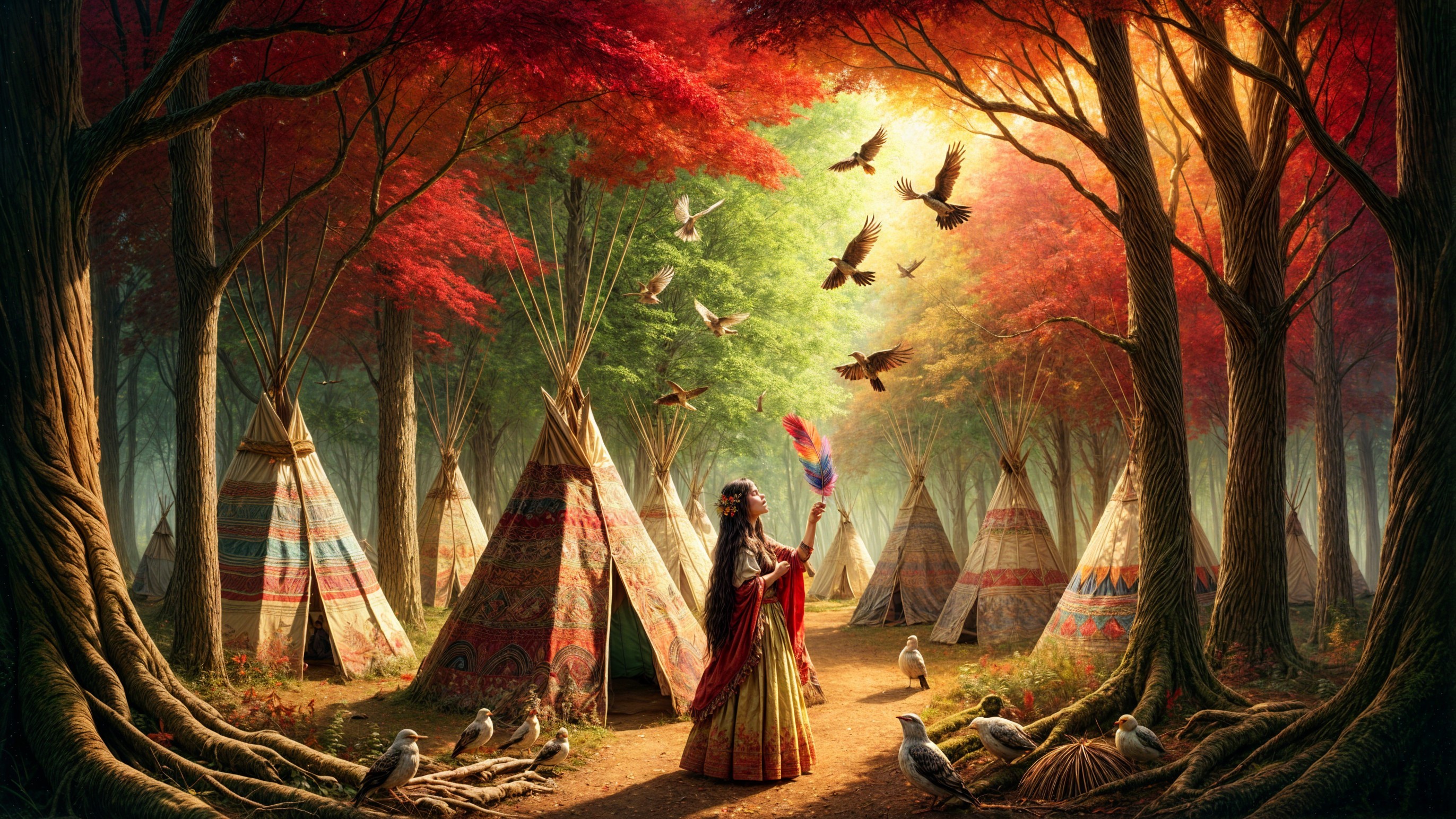 Woman in Autumn Forest Surrounded by Tipis and Nature
