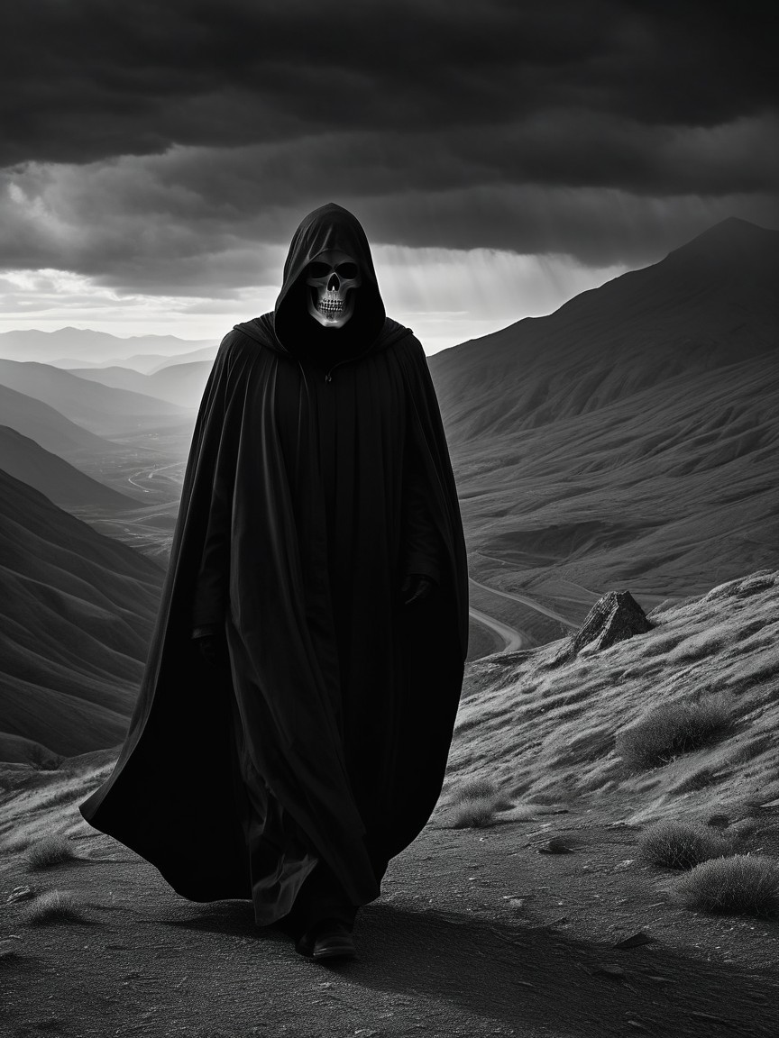 Cloaked Figure in Dark Landscape with Skull Mask