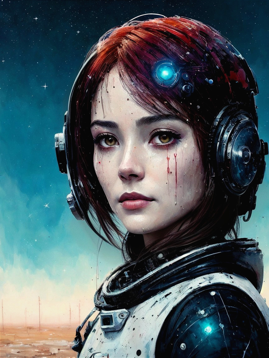 Young Woman in Futuristic Space Helmet and Suit