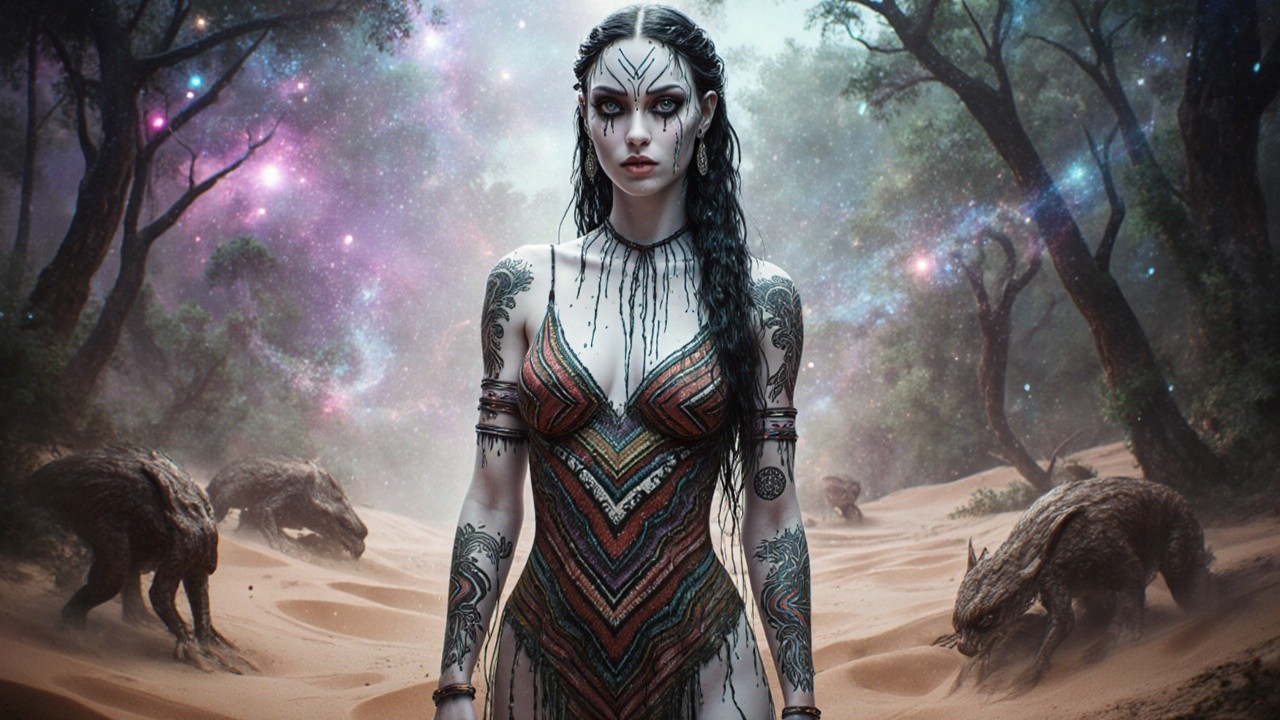 Mystical Figure in Desert with Cosmic Elements