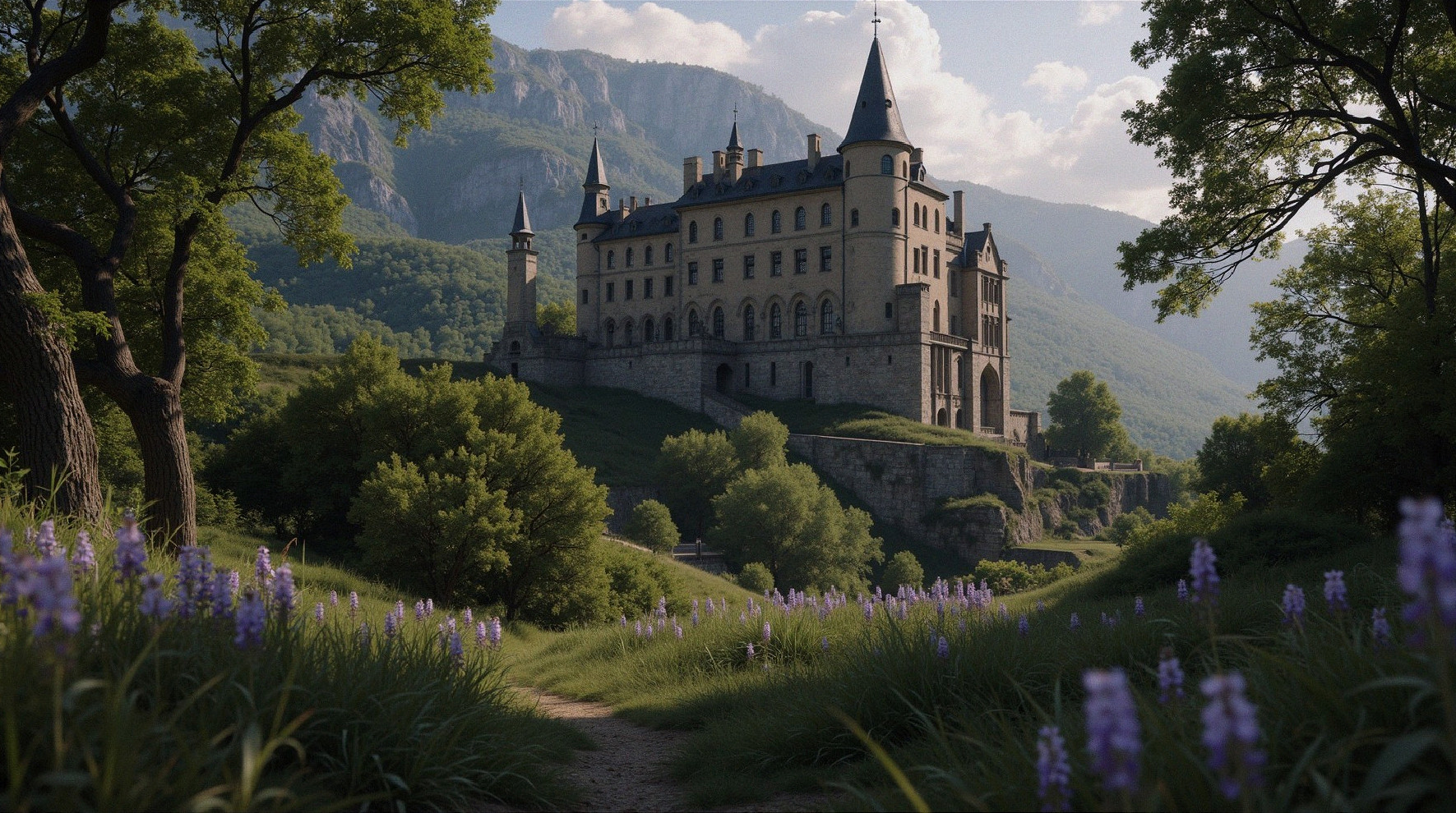 Path Through Purple Flowers Leading to a Castle