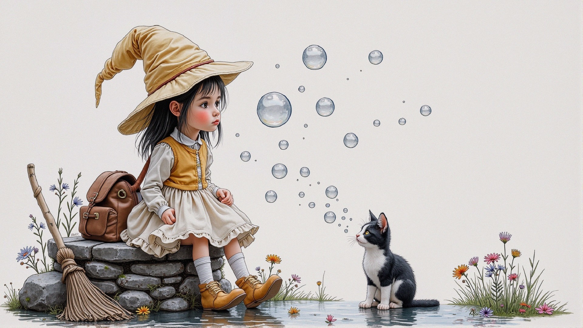 Whimsical Scene of Girl and Kitten by a Pond
