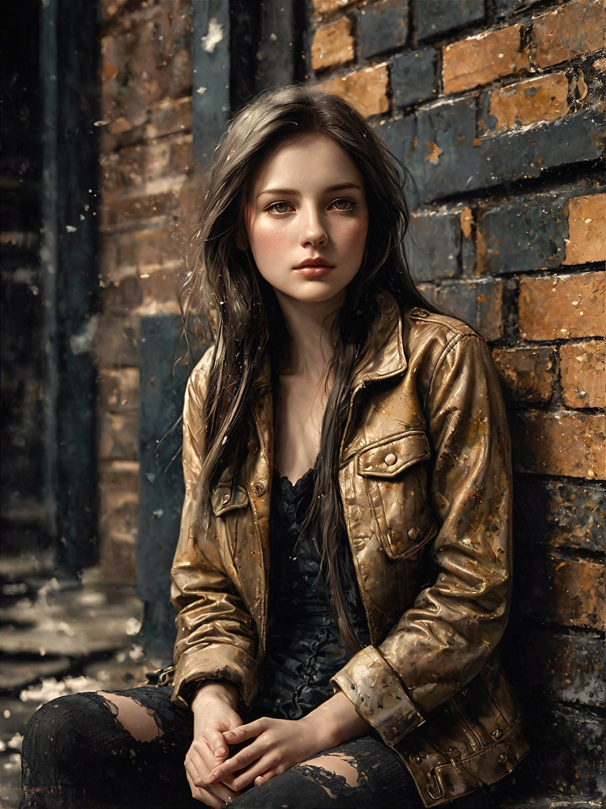 Young woman in distressed fashion against brick wall