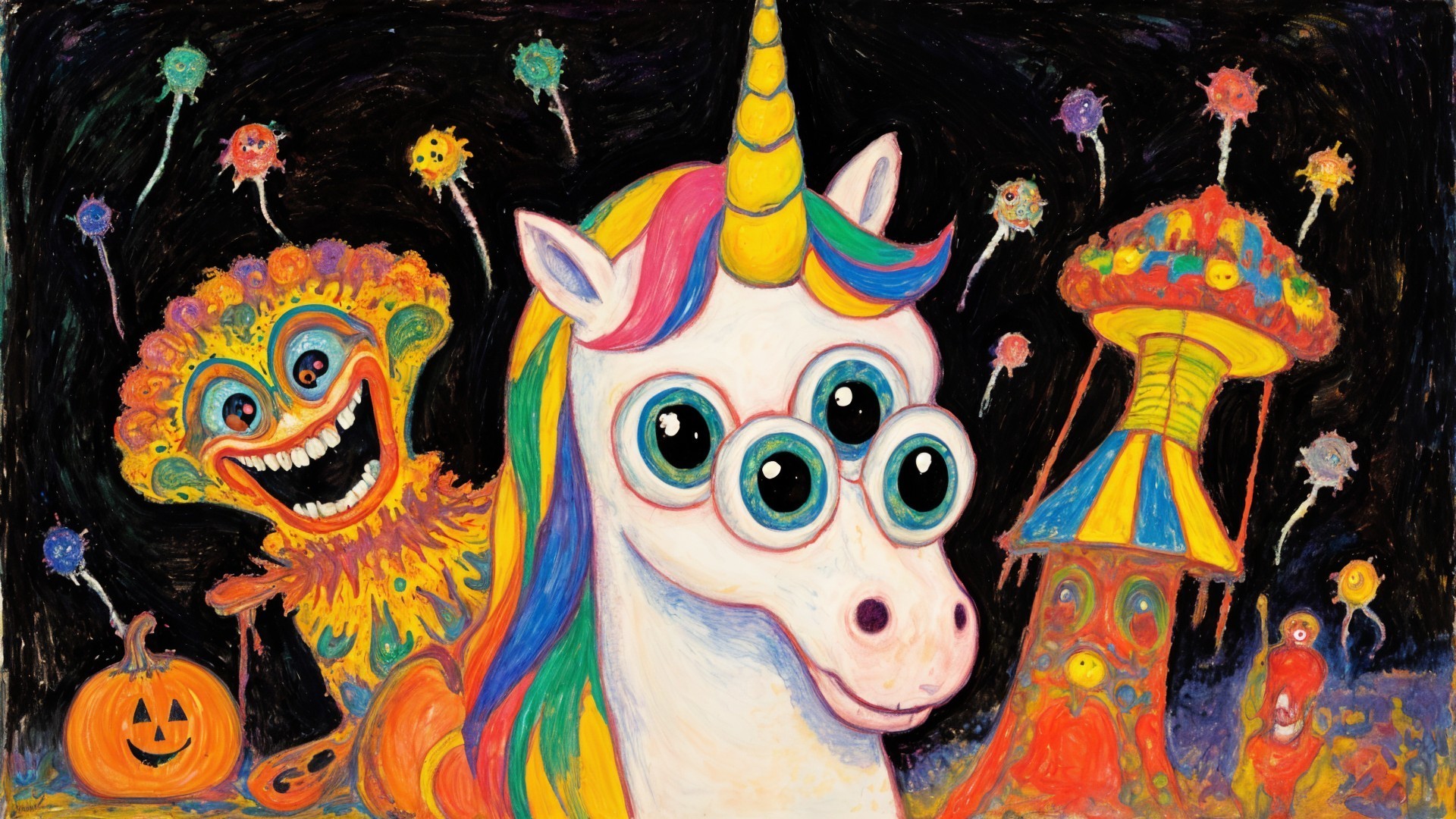 Colorful Scene with Unicorn, Clown, and Pumpkin