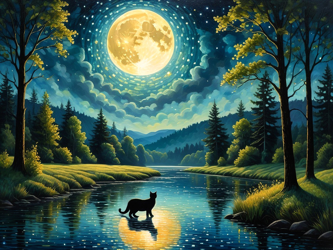 Moonlit Riverscape with Cat and Starry Sky