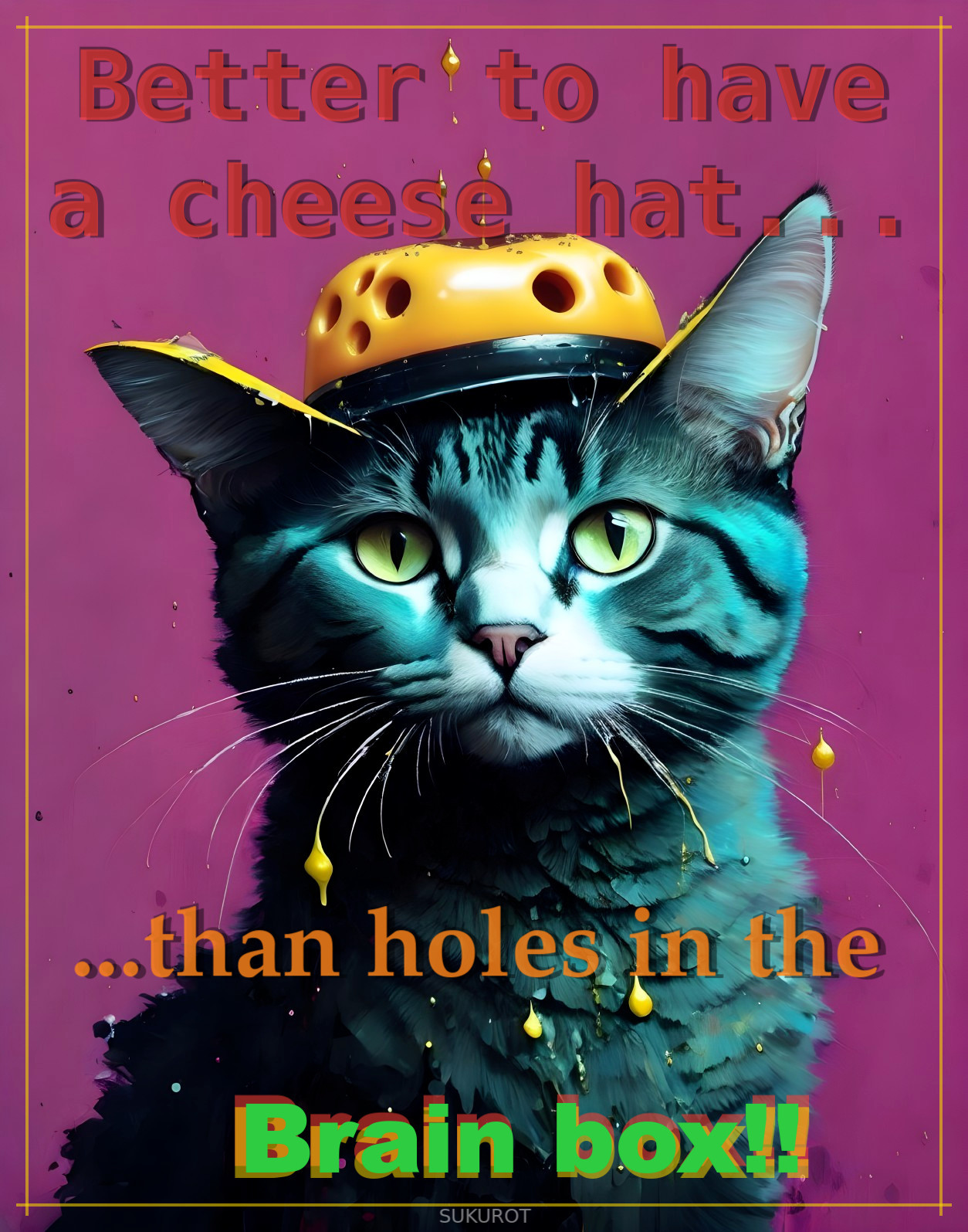 Blue-Green Striped Cat with Yellow Cheese Hat and Text Theme