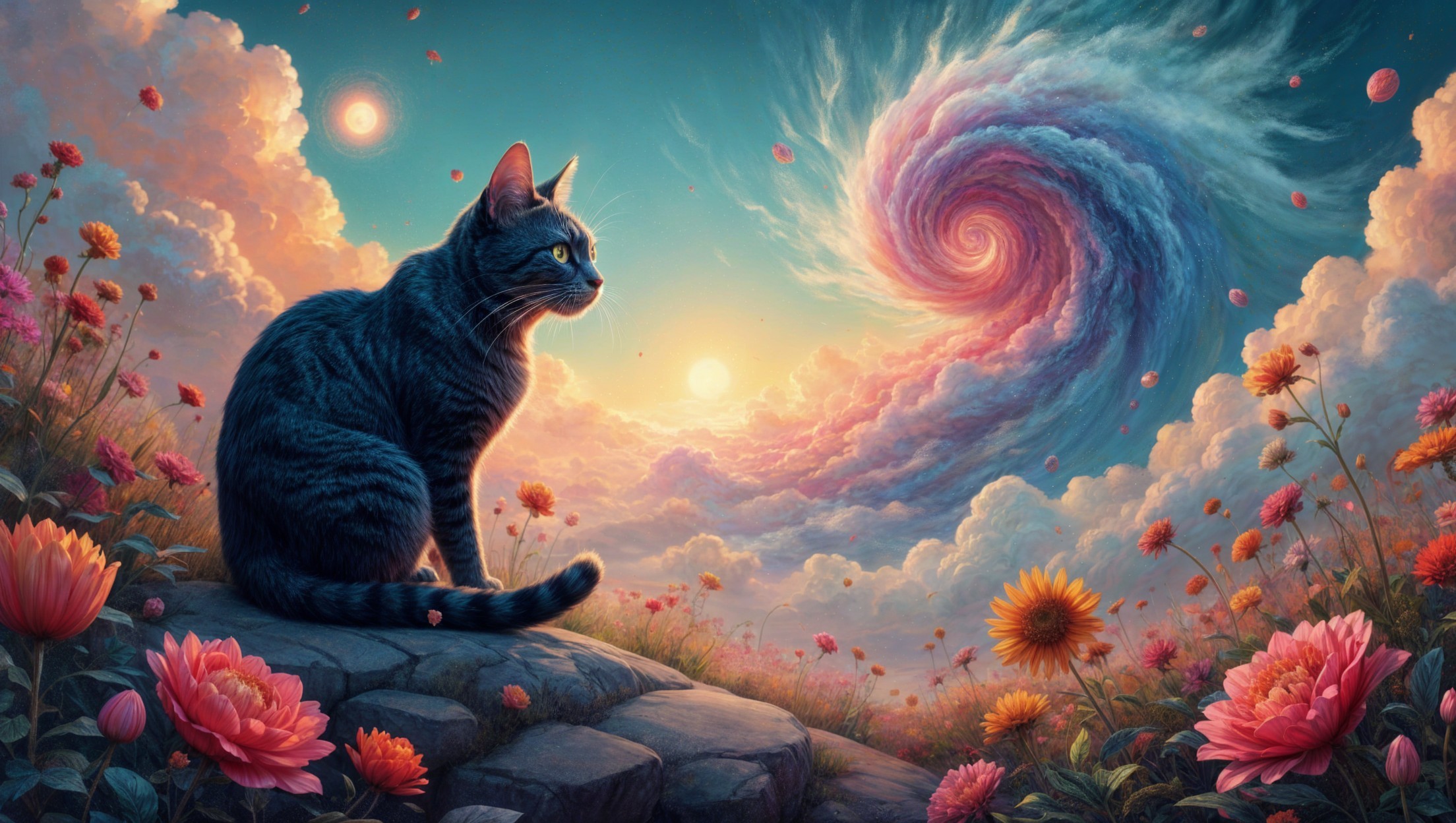 Tabby Cat on Stone Path with Colorful Cosmic Sky
