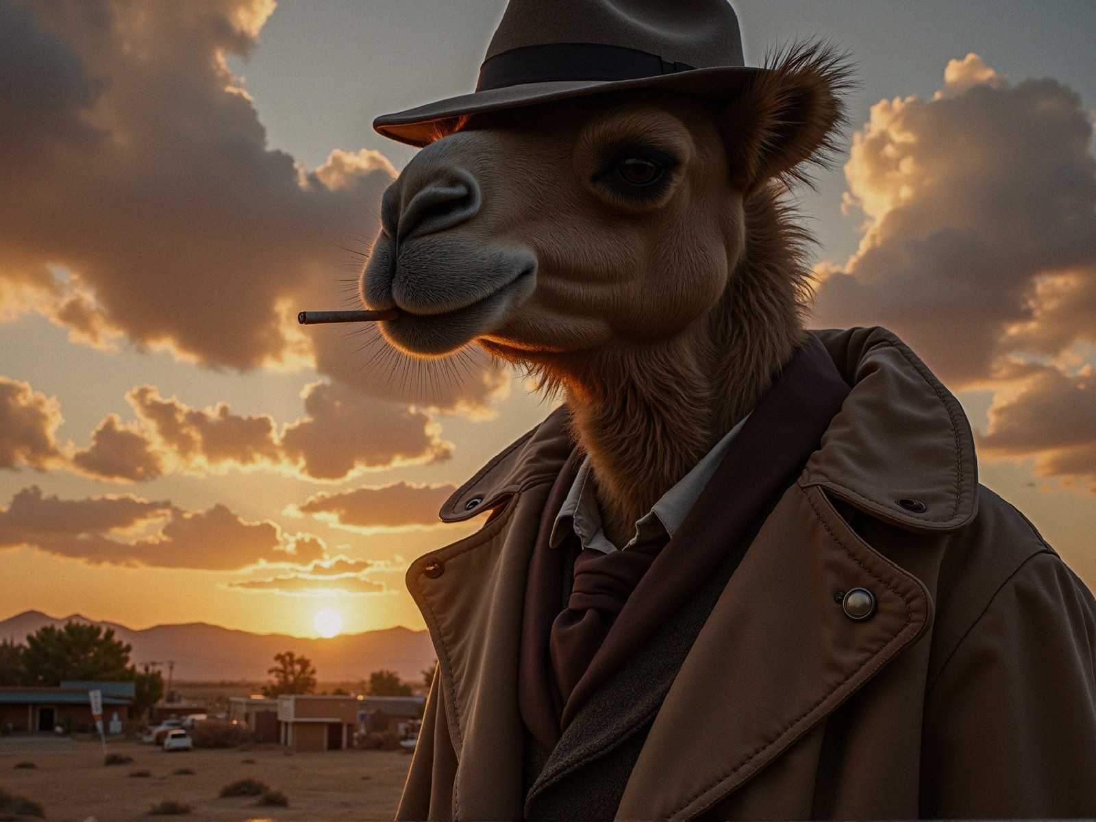 Camel in Fedora at Sunset in Desert Landscape