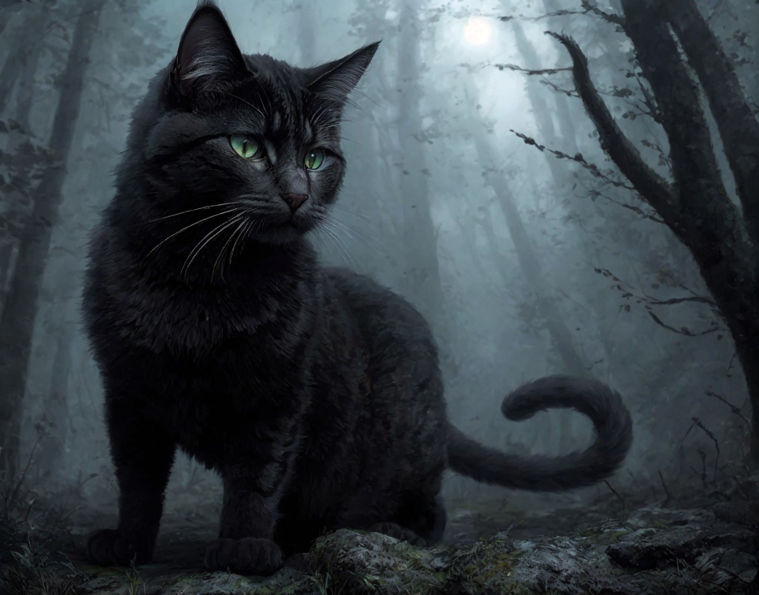 Black Cat in Misty Forest with Green Eyes and Shadows