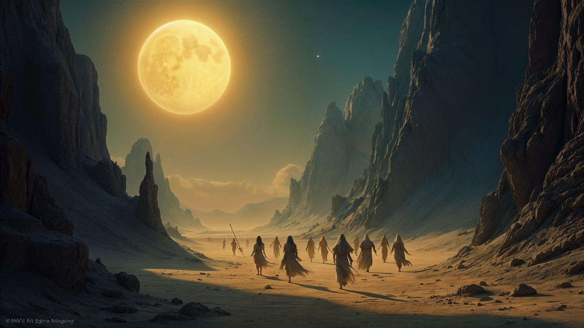 Surreal Desert Landscape with Robed Figures and Moonlight