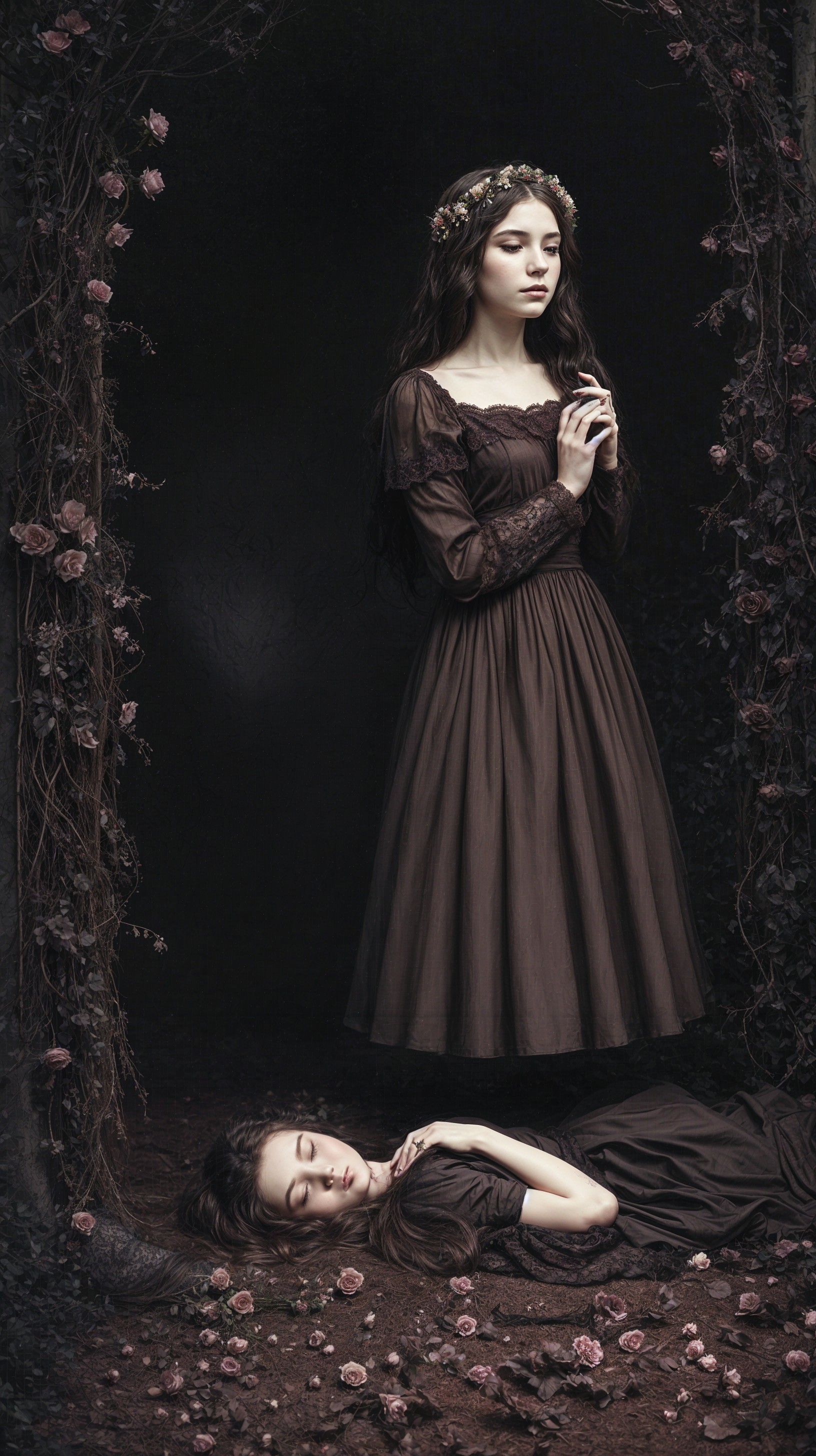 Ethereal Gothic Scene with Young Women in Dark Dresses