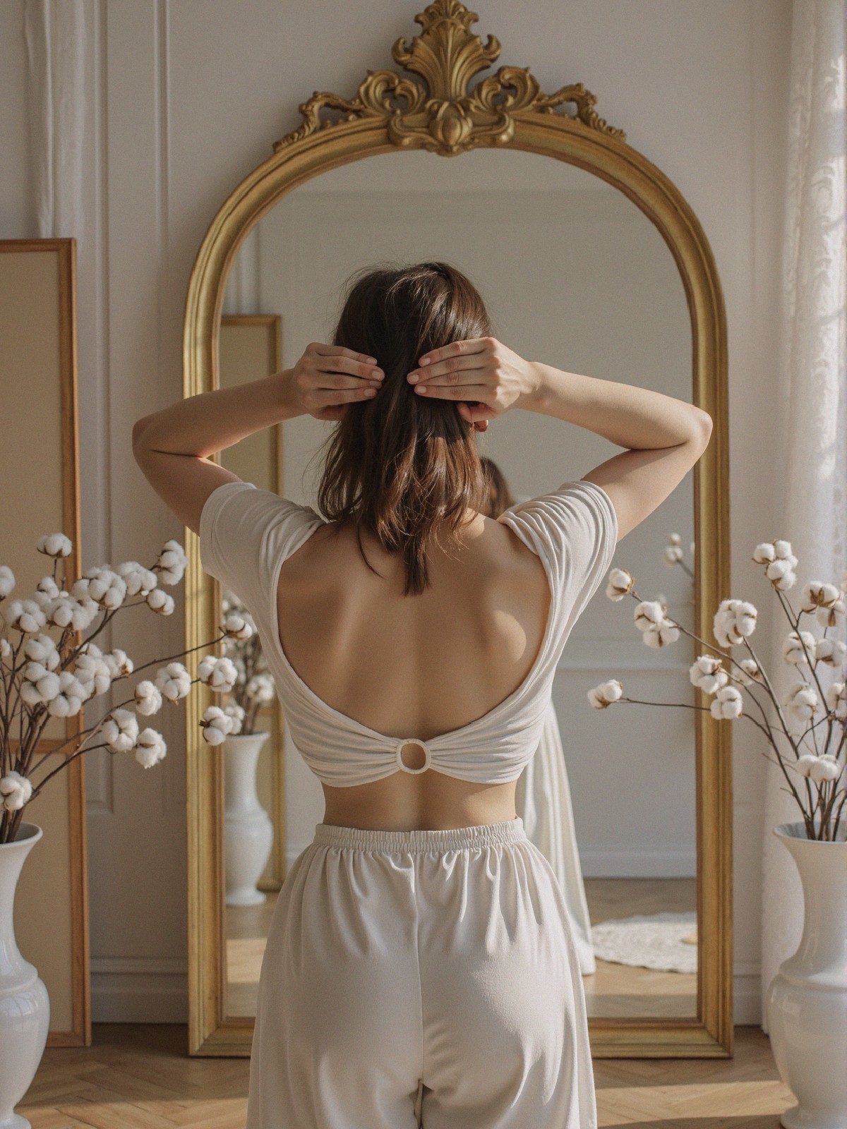 Caucasian Woman in Cream Outfit Before Gold Mirror