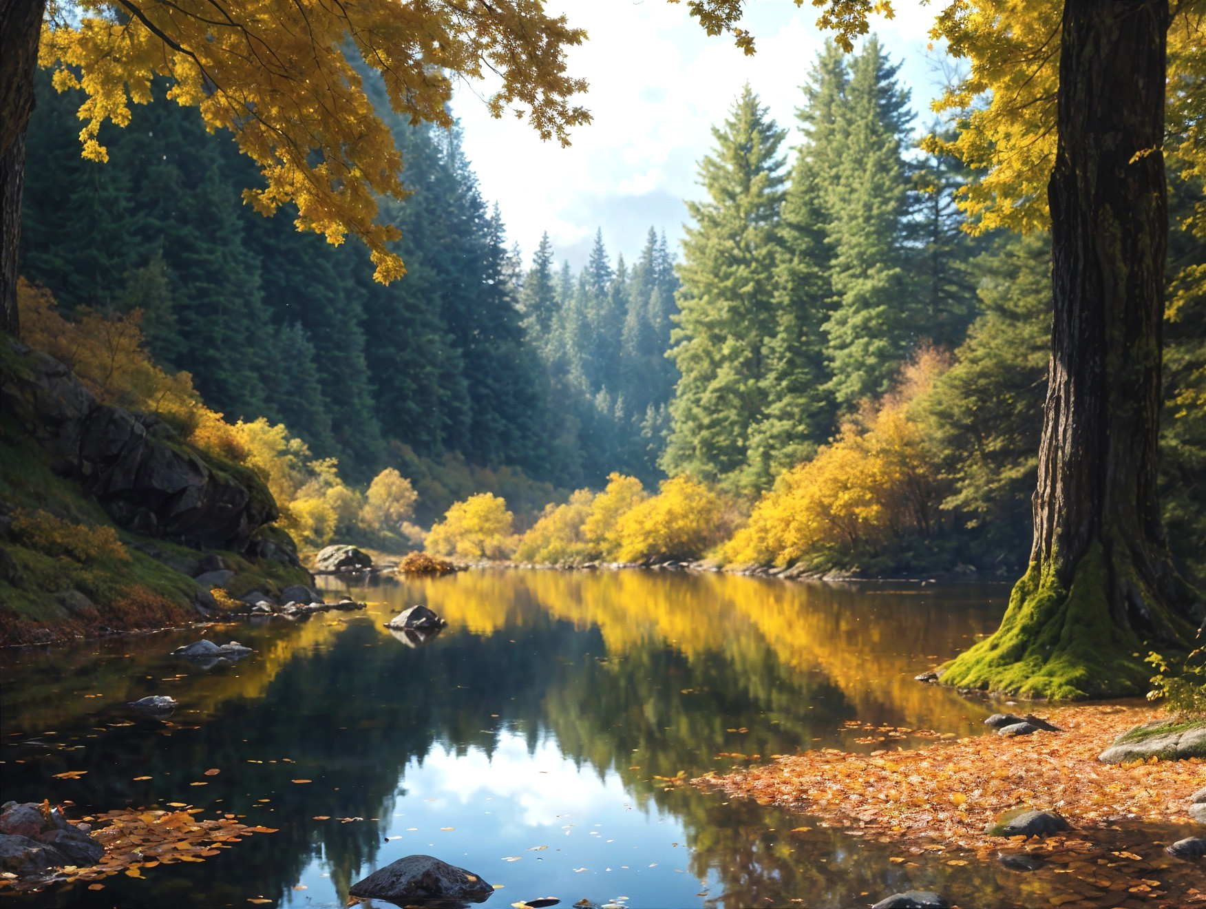 Tranquil River in Autumn Landscape with Lush Forests