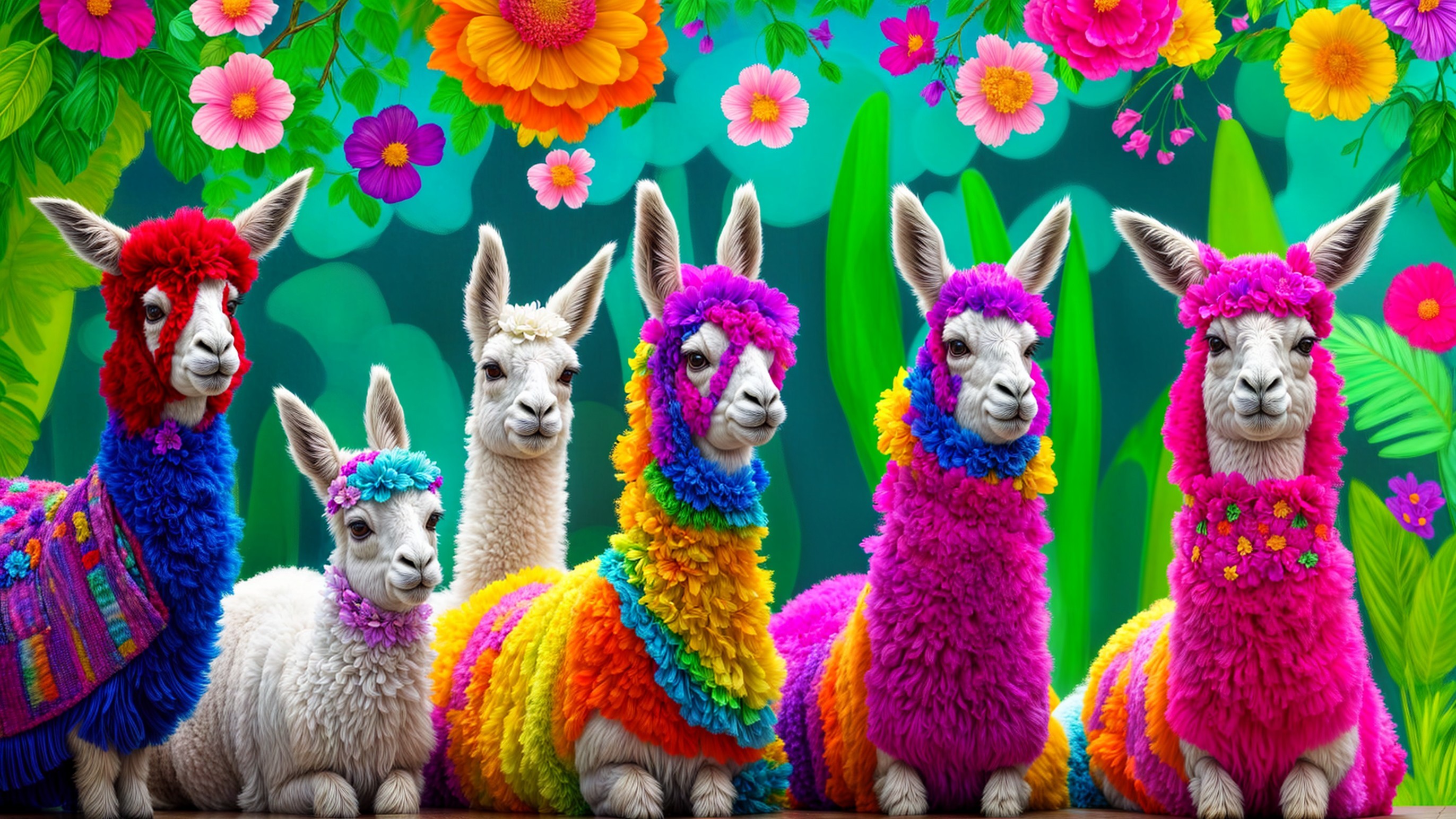 Colorful Llamas in Festive Costumes Surrounded by Flowers
