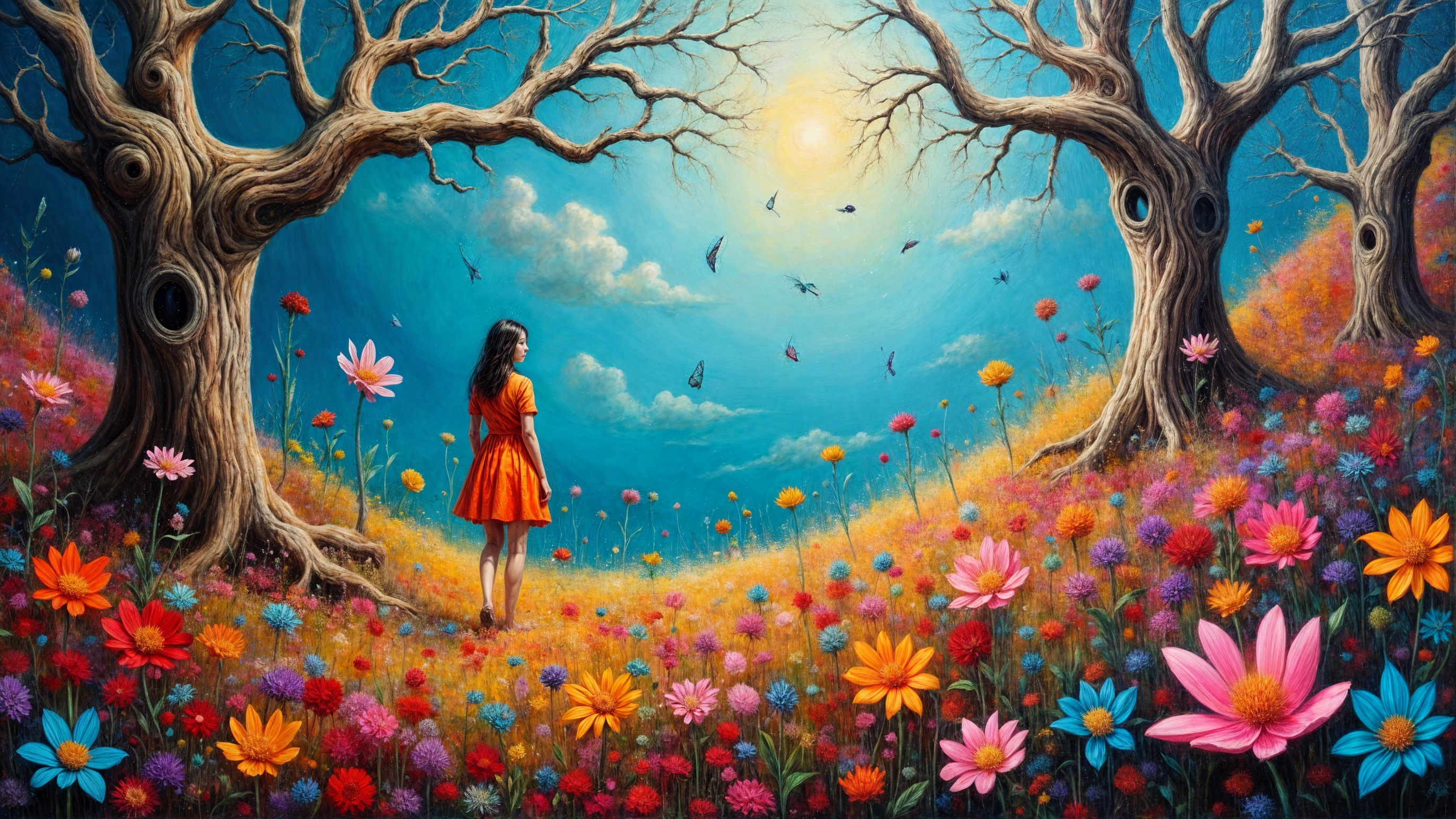 Vibrant Landscape with Girl in Orange Dress and Flowers