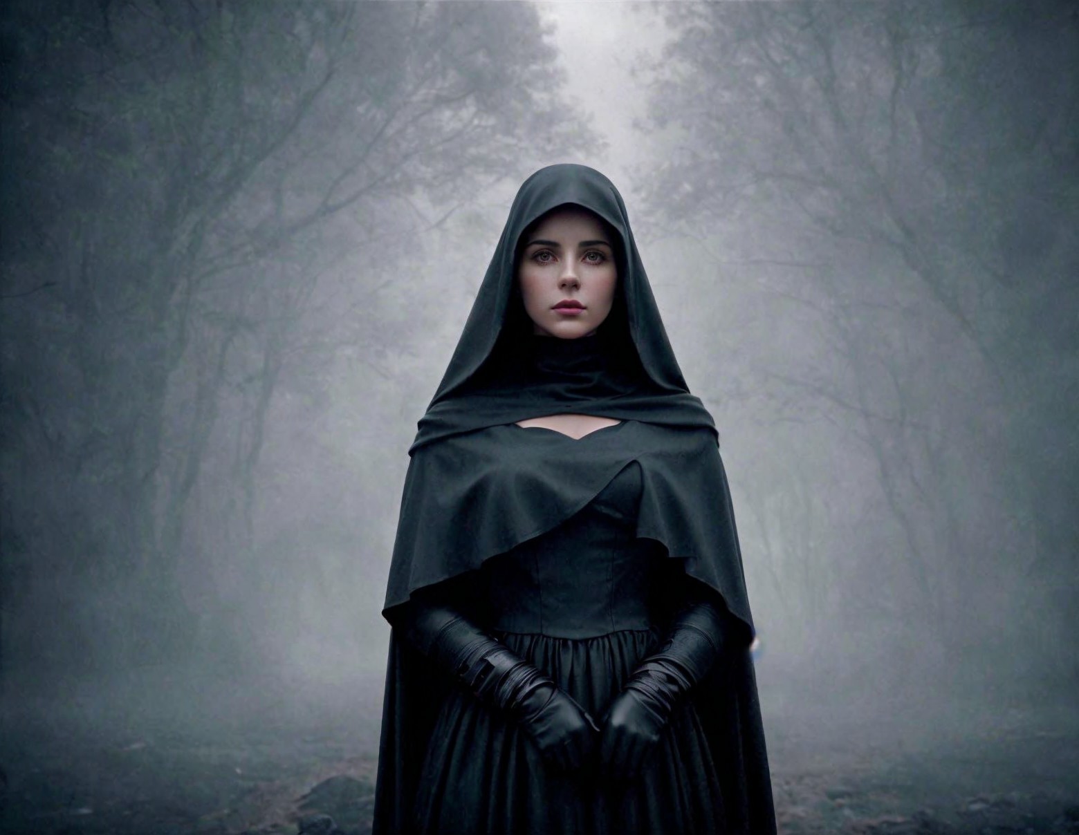 Mysterious Figure in Foggy Forest with Cloak