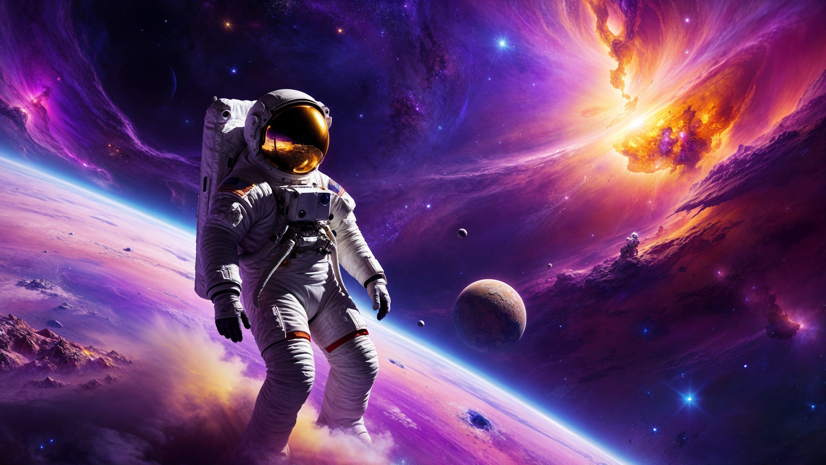 Astronaut in Colorful Cosmic Space Environment