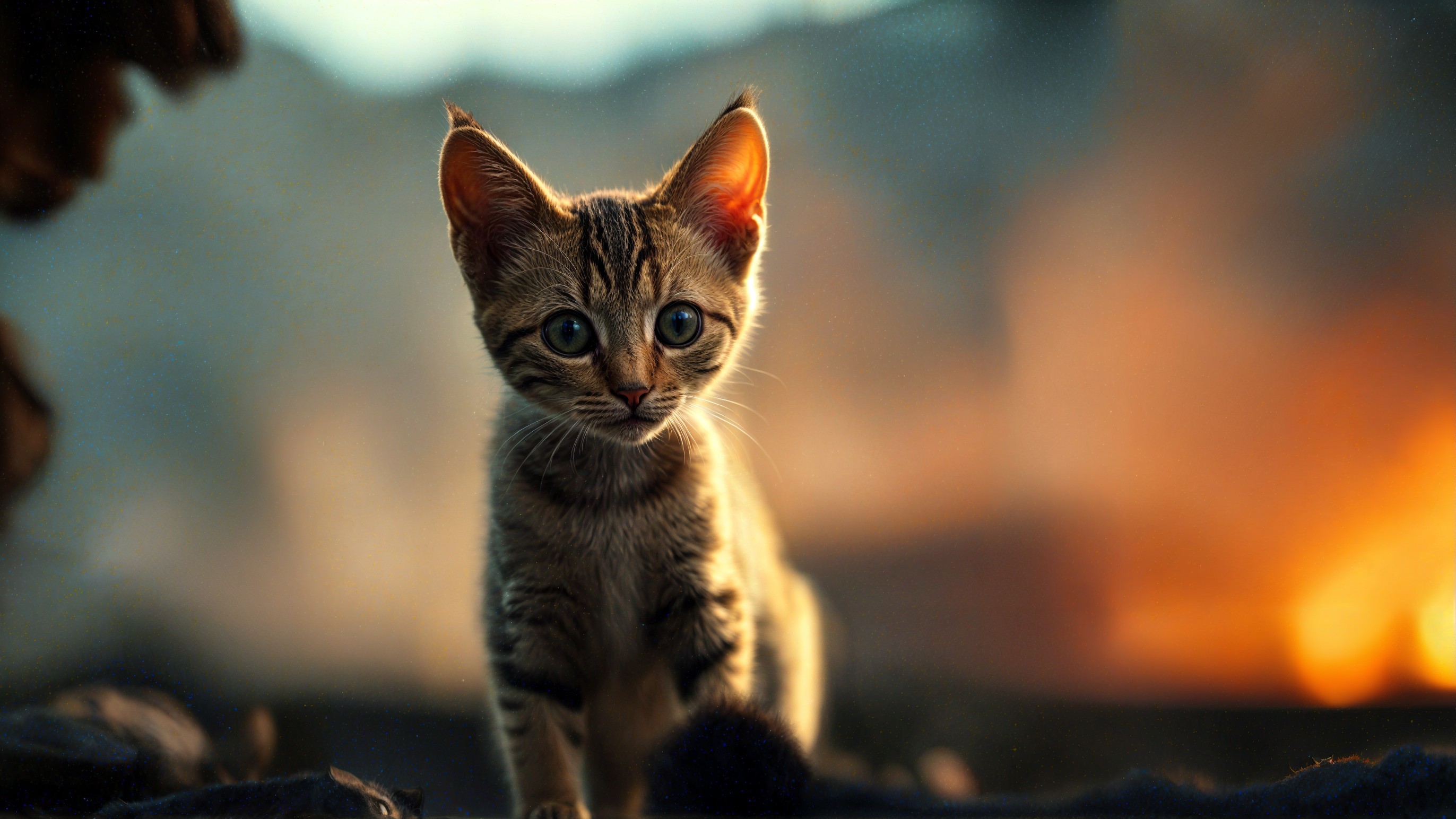 Curious tabby kitten with blue eyes in warm glow