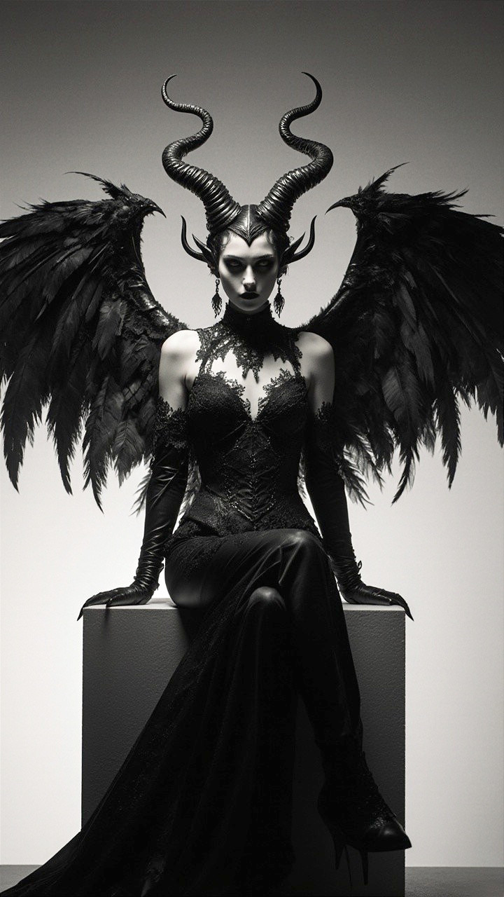 Ethereal figure in black gown with dark wings and horns