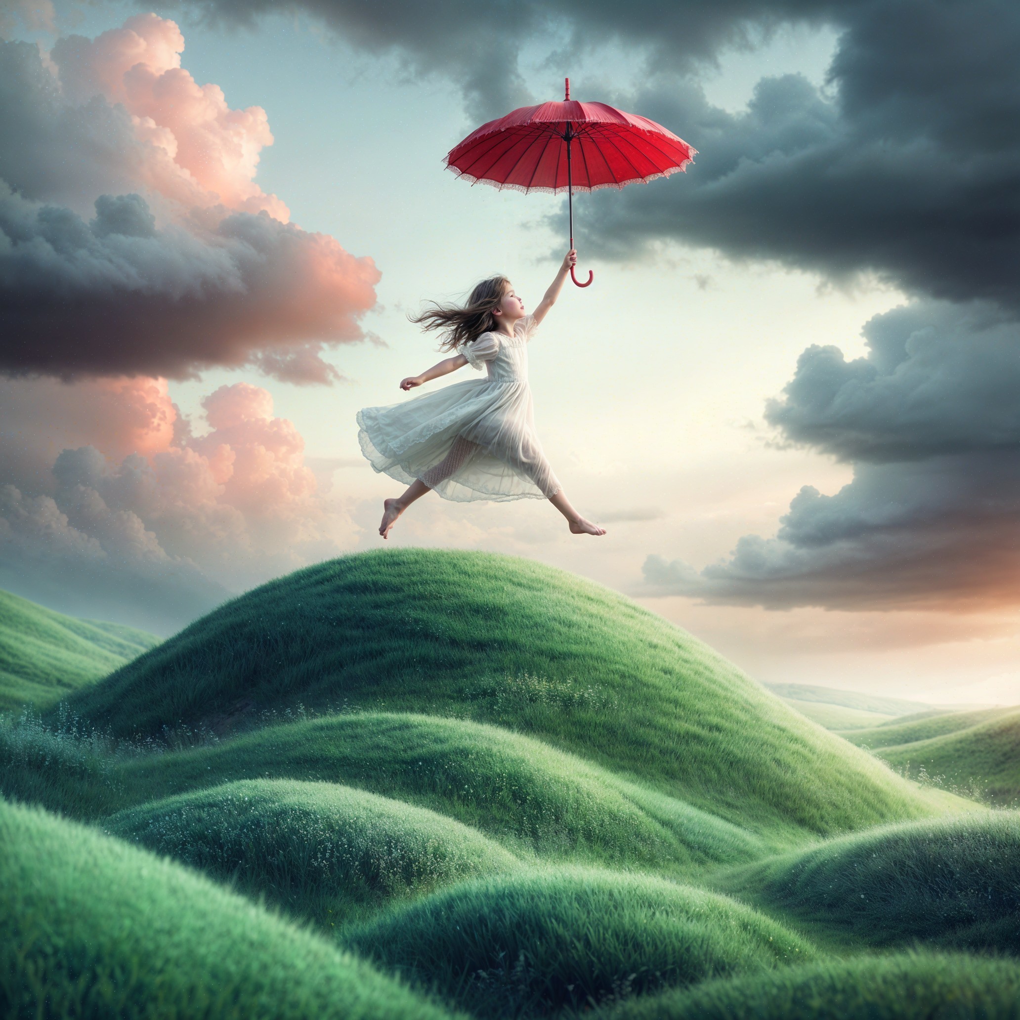 Young woman in white dress leaps with red umbrella