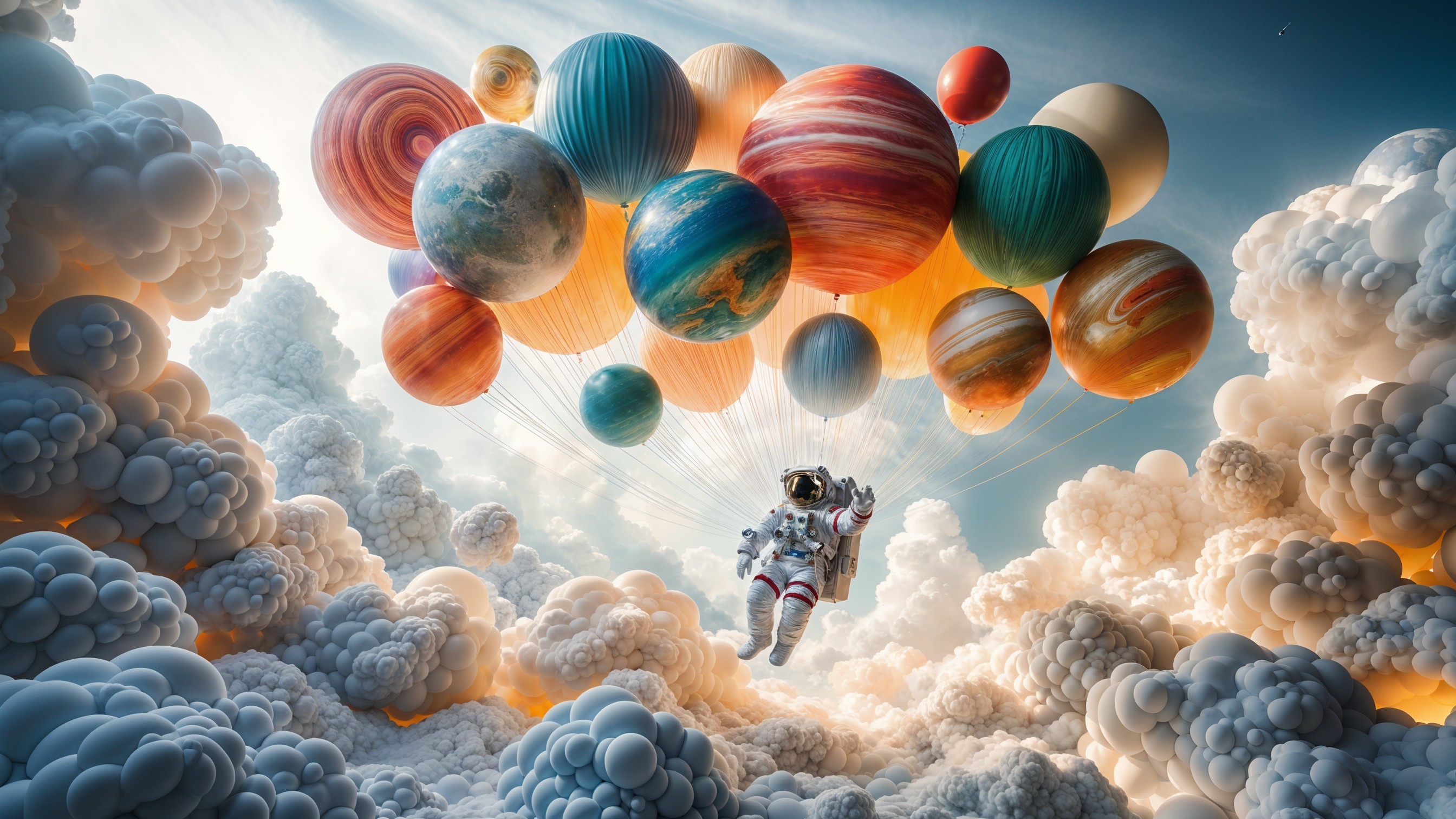 Astronaut in a Dreamy Sky with Colorful Planets