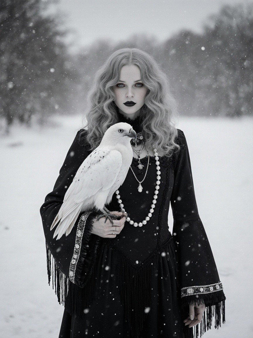 Portrait of a Woman with Falcon in Snowy Landscape