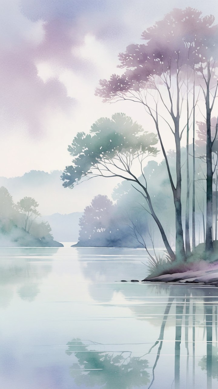 Serene Pastel Landscape with Silhouetted Trees and Mist