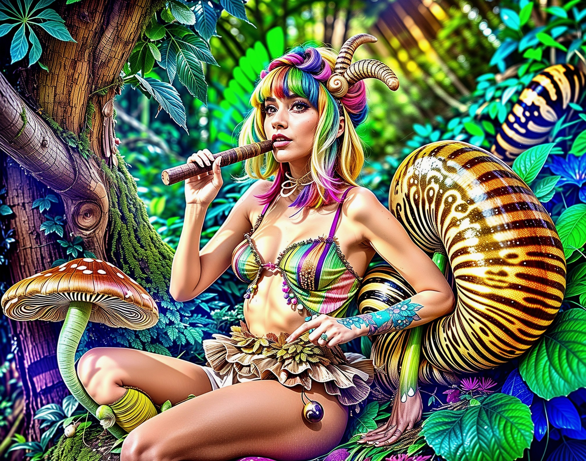 Whimsical Figure in Lush Greenery with Fantasy Elements