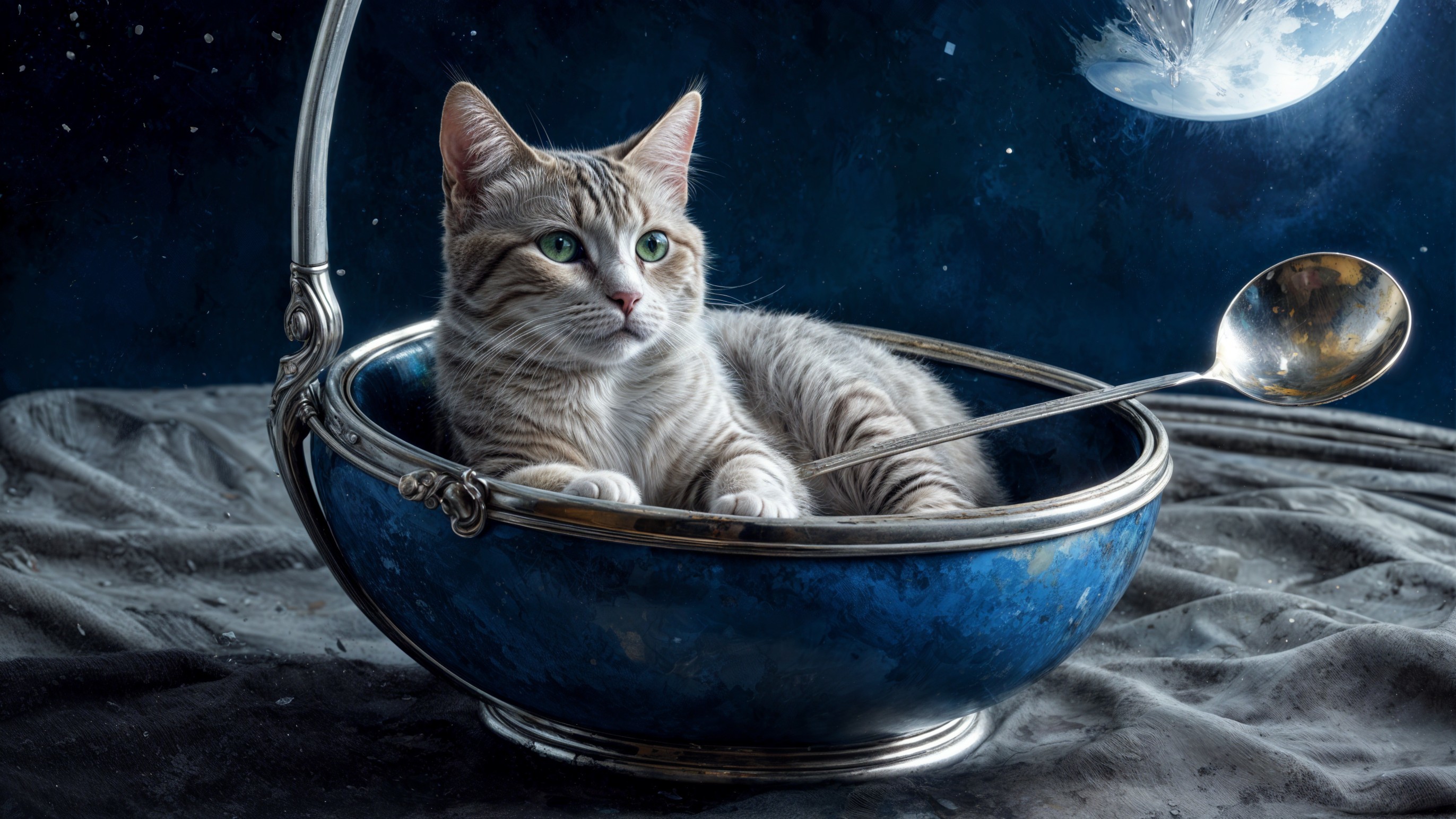 Whimsical Cat in a Starry Bowl Scene