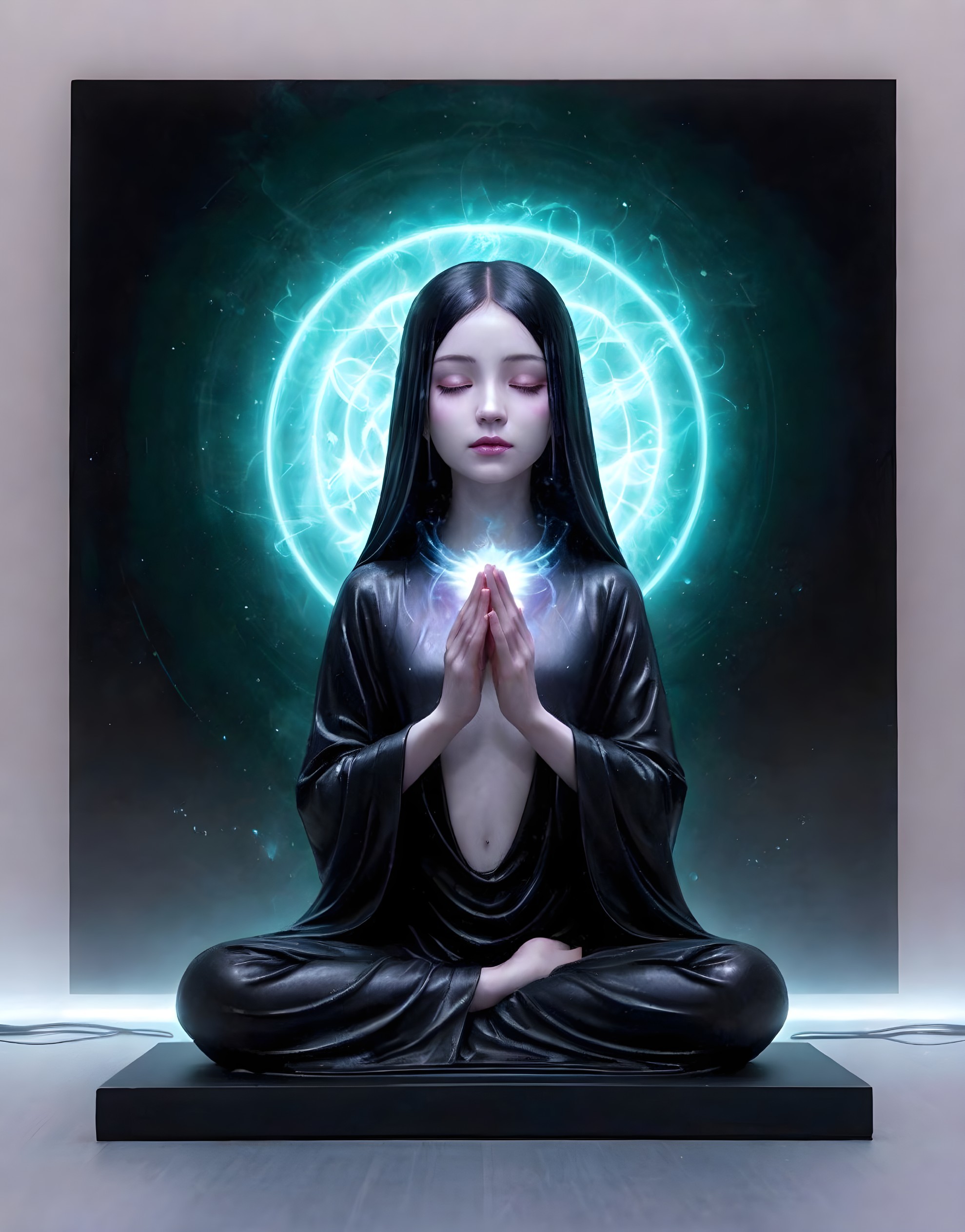 Young Woman in Meditative Pose with Blue Aura