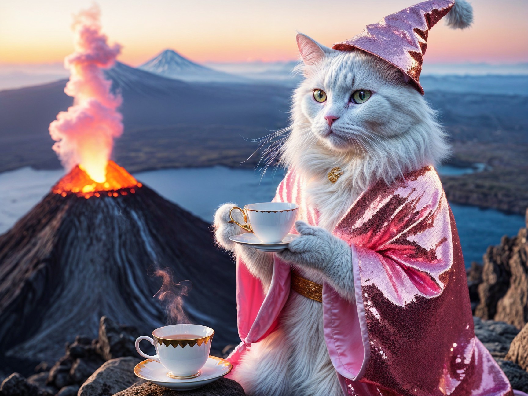 White Cat in Wizard Robe with Volcano Sunset Background