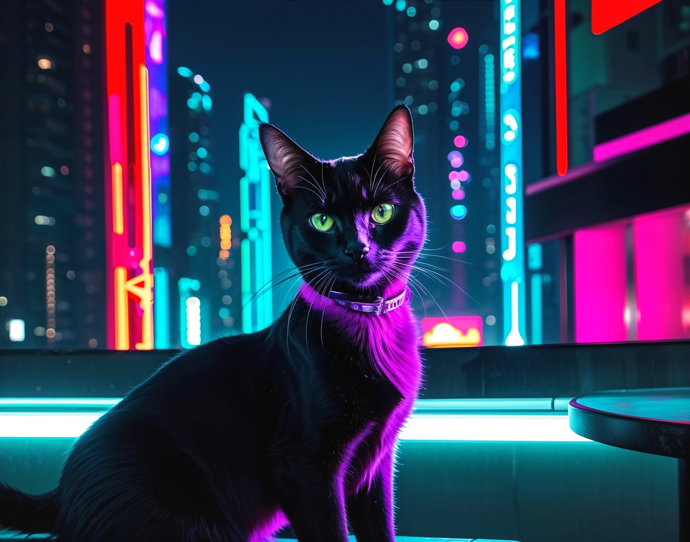 Black Cat with Green Eyes in Neon Cityscape