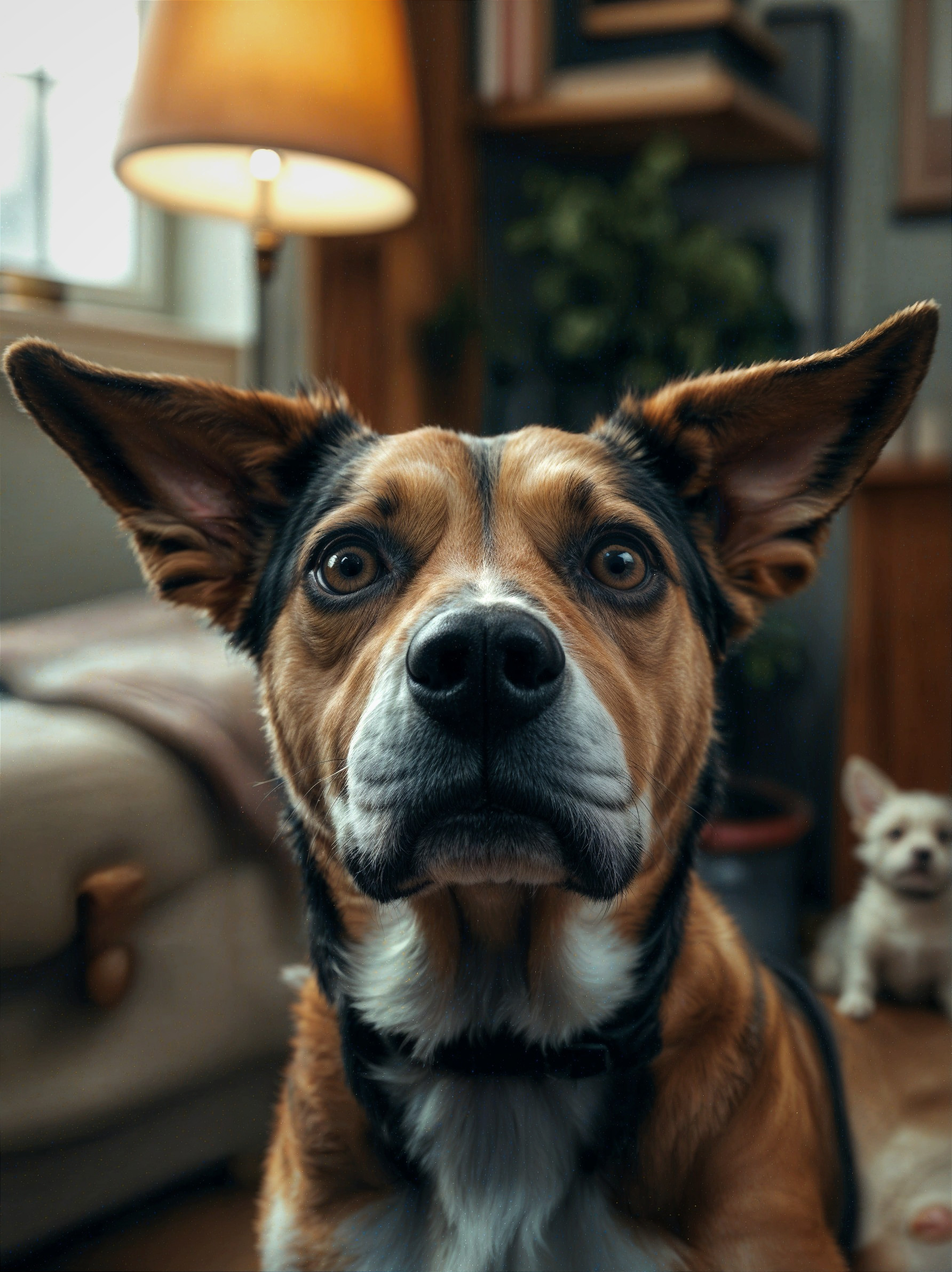 Close-up of a dog in a cozy living space setting