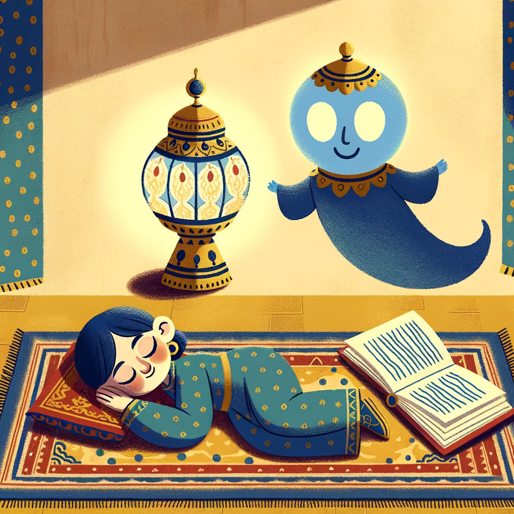 Child in traditional attire sleeping beside a friendly ghost